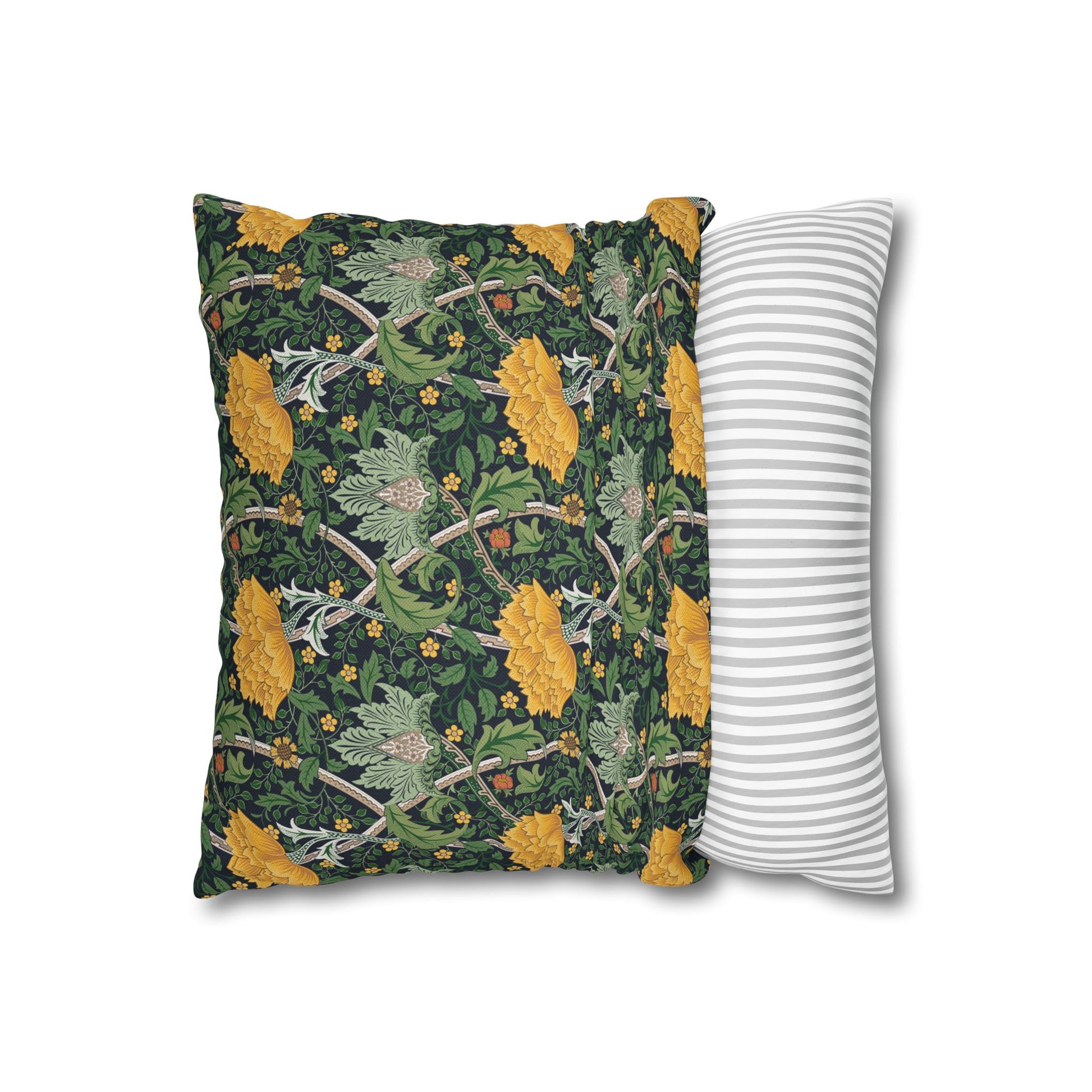 Two pillows, one with a floral pattern and the other with a striped pattern, on a white background.