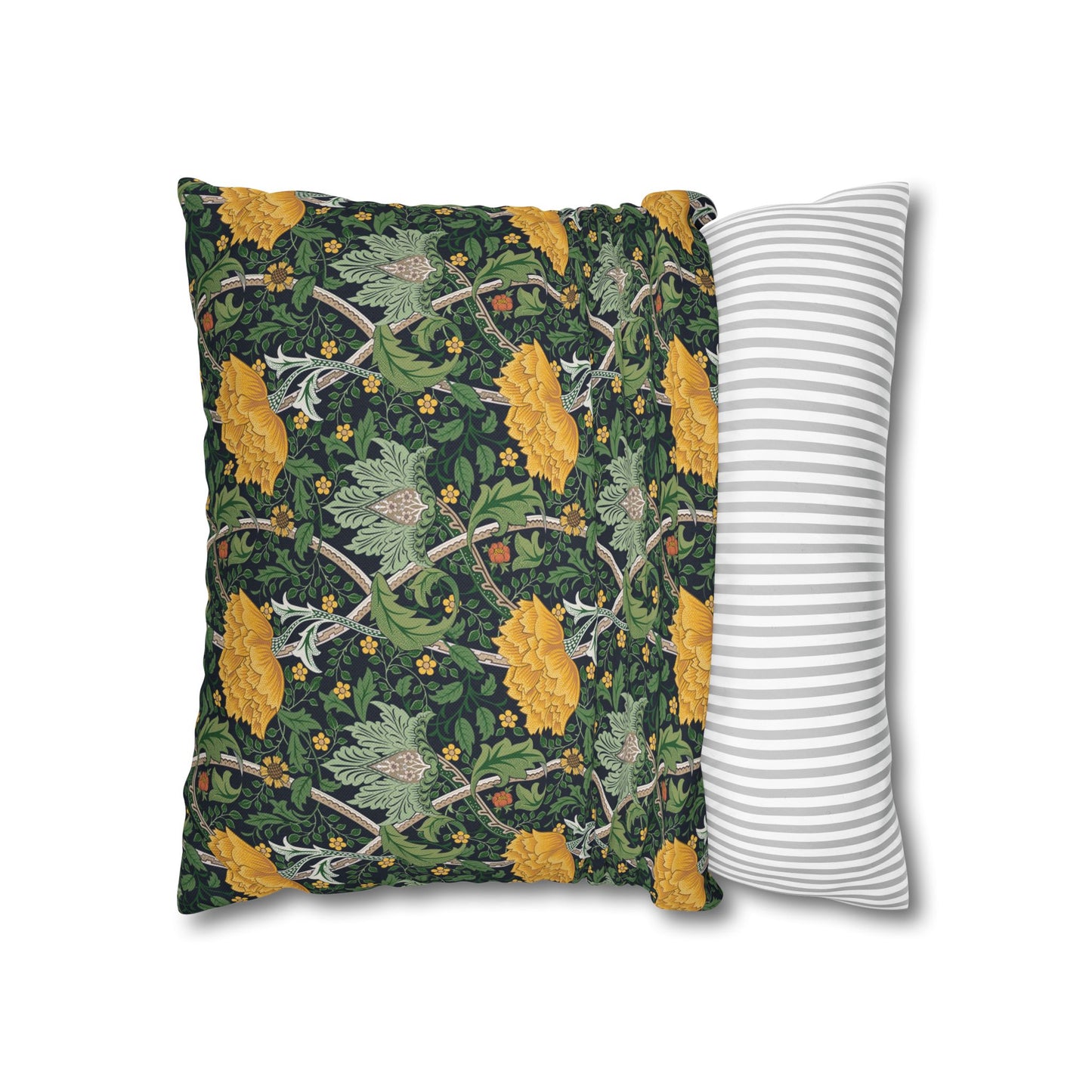 Two pillows, one with a floral pattern and the other with a striped pattern, on a white background.
