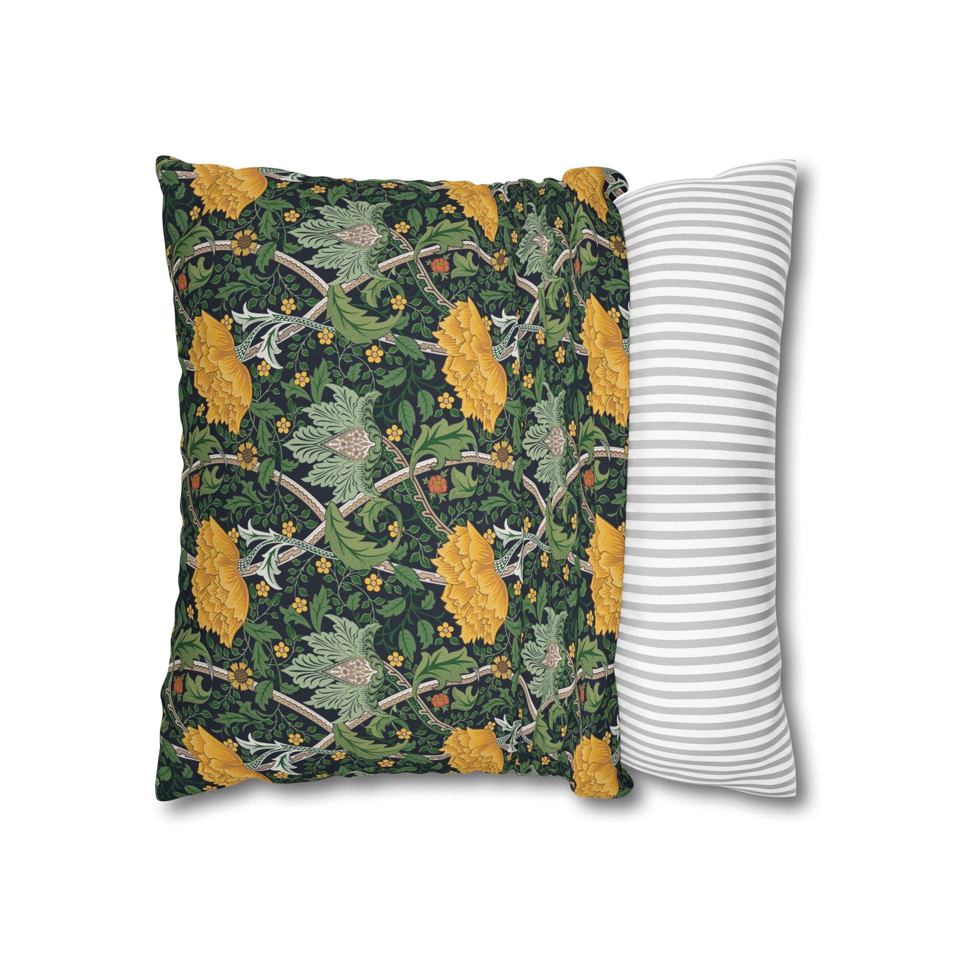 Two pillows, one with a floral pattern and the other with a striped pattern, on a white background.