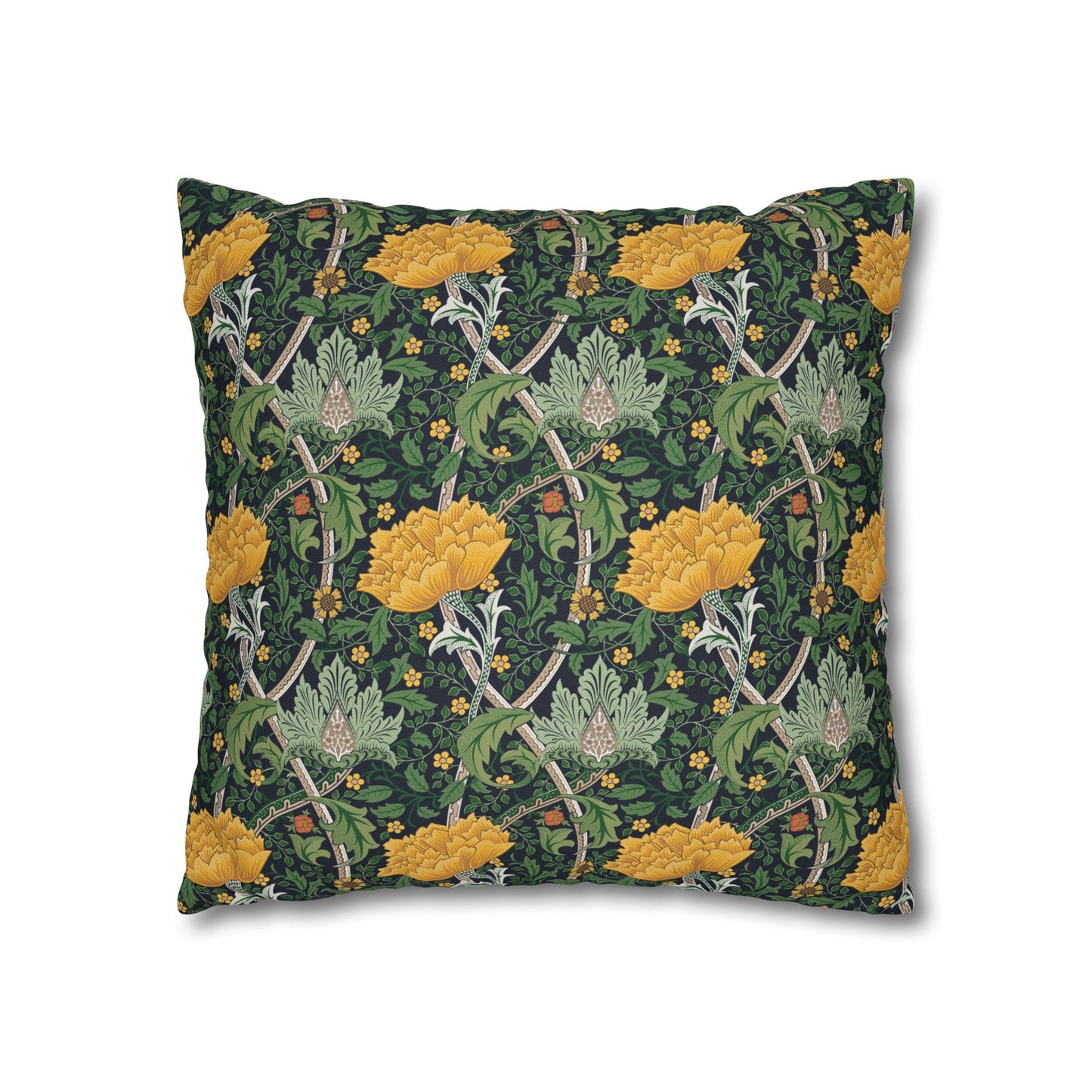 Decorative pillow with floral and vine pattern on a white background