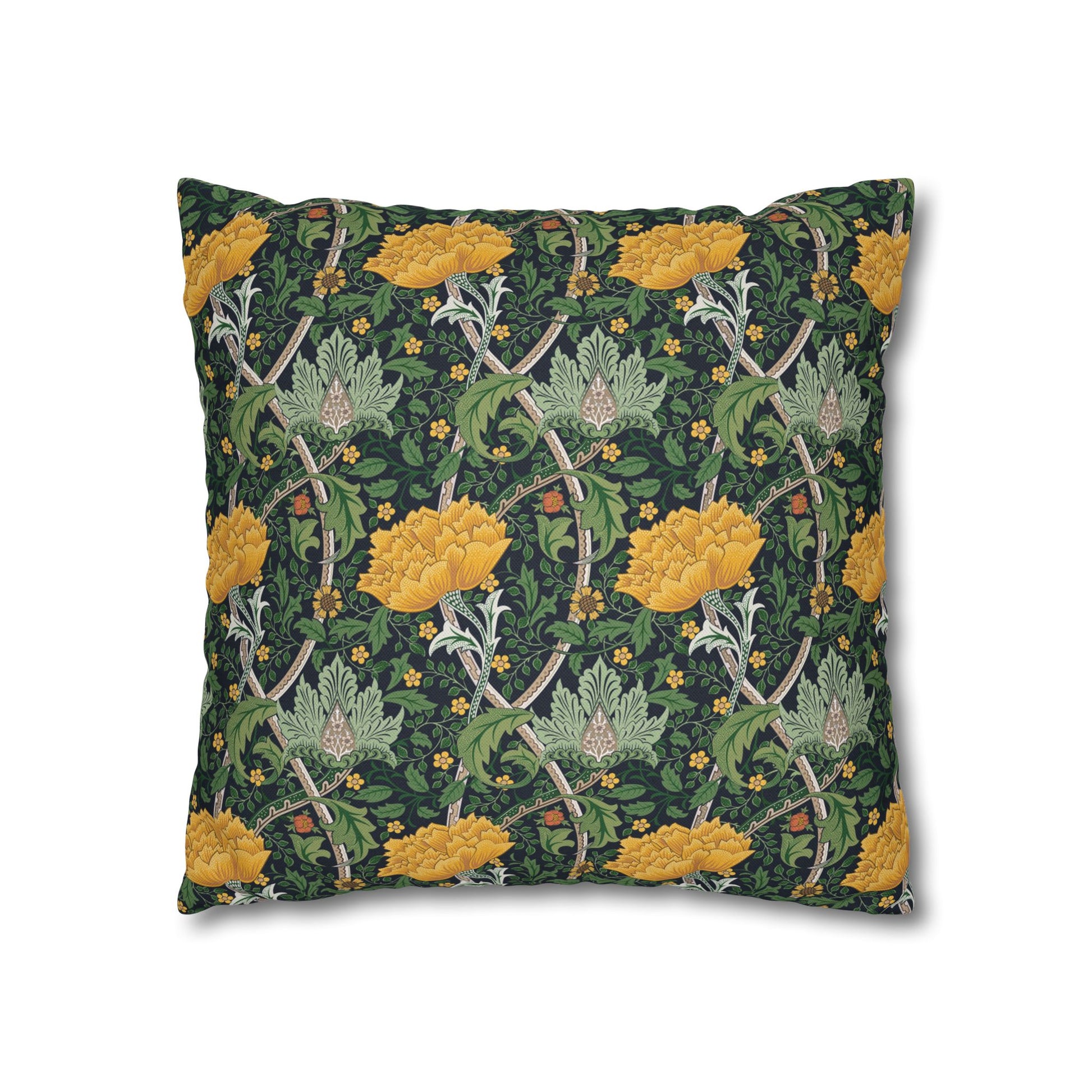 Decorative pillow with floral and vine pattern on a white background