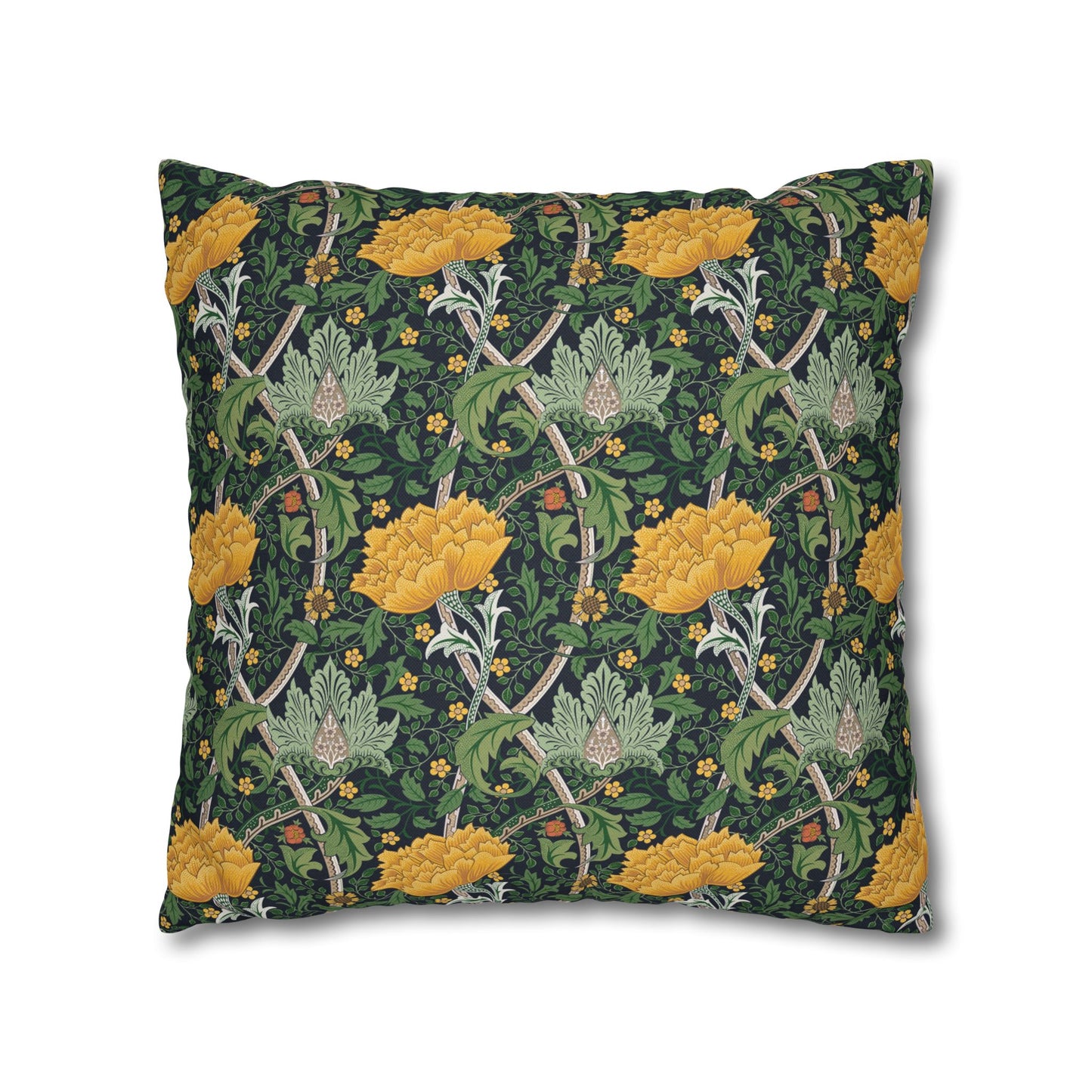 Decorative pillow with floral and vine pattern on a green background