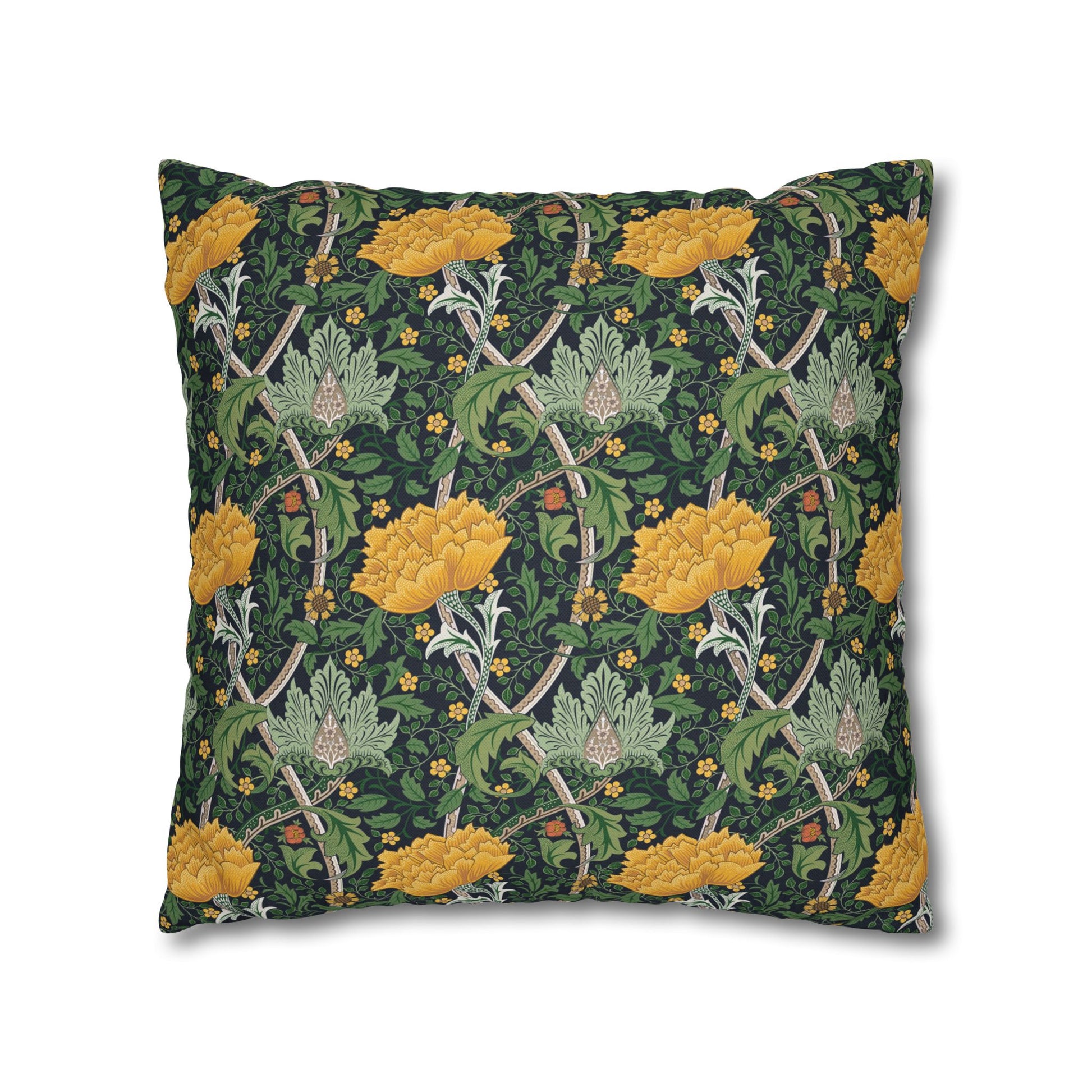 Decorative pillow with floral and vine pattern on a green background
