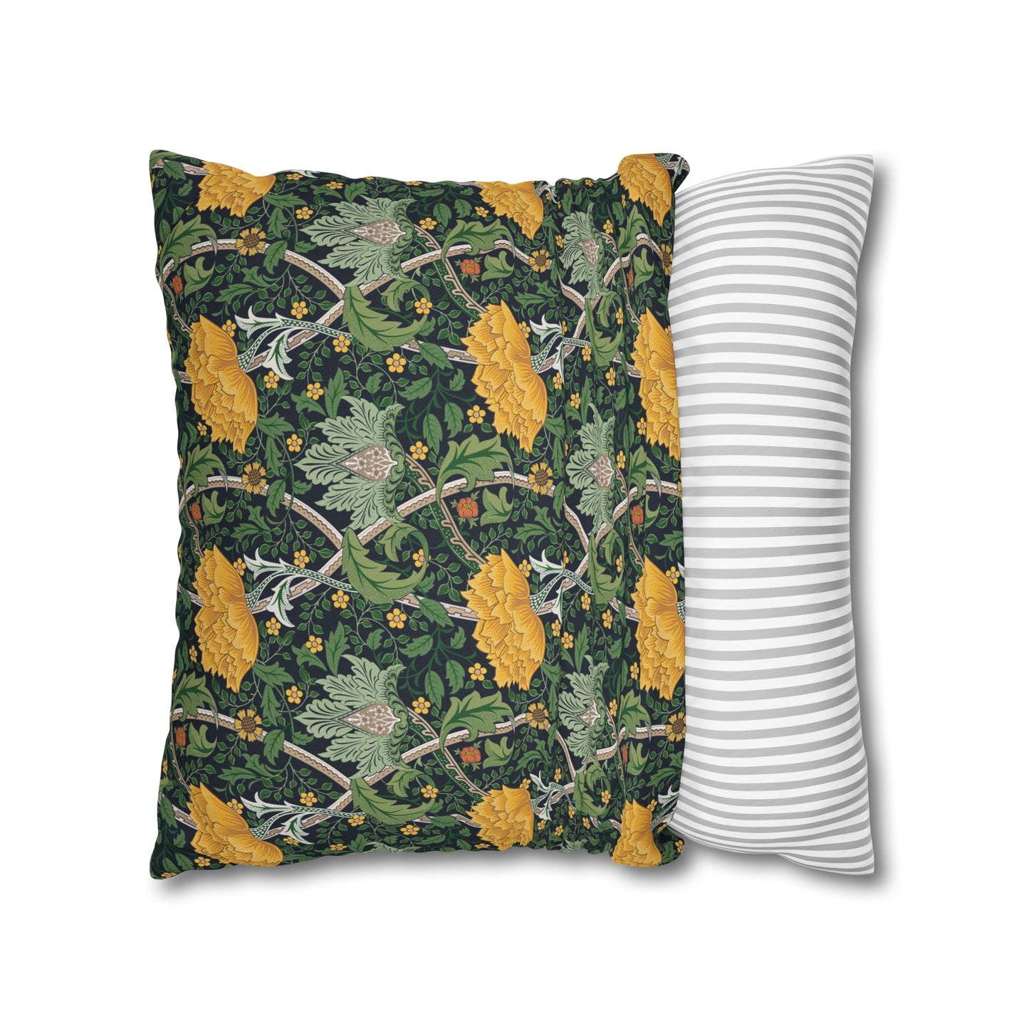 Two pillows, one with a floral pattern and the other with a striped pattern, on a white background.