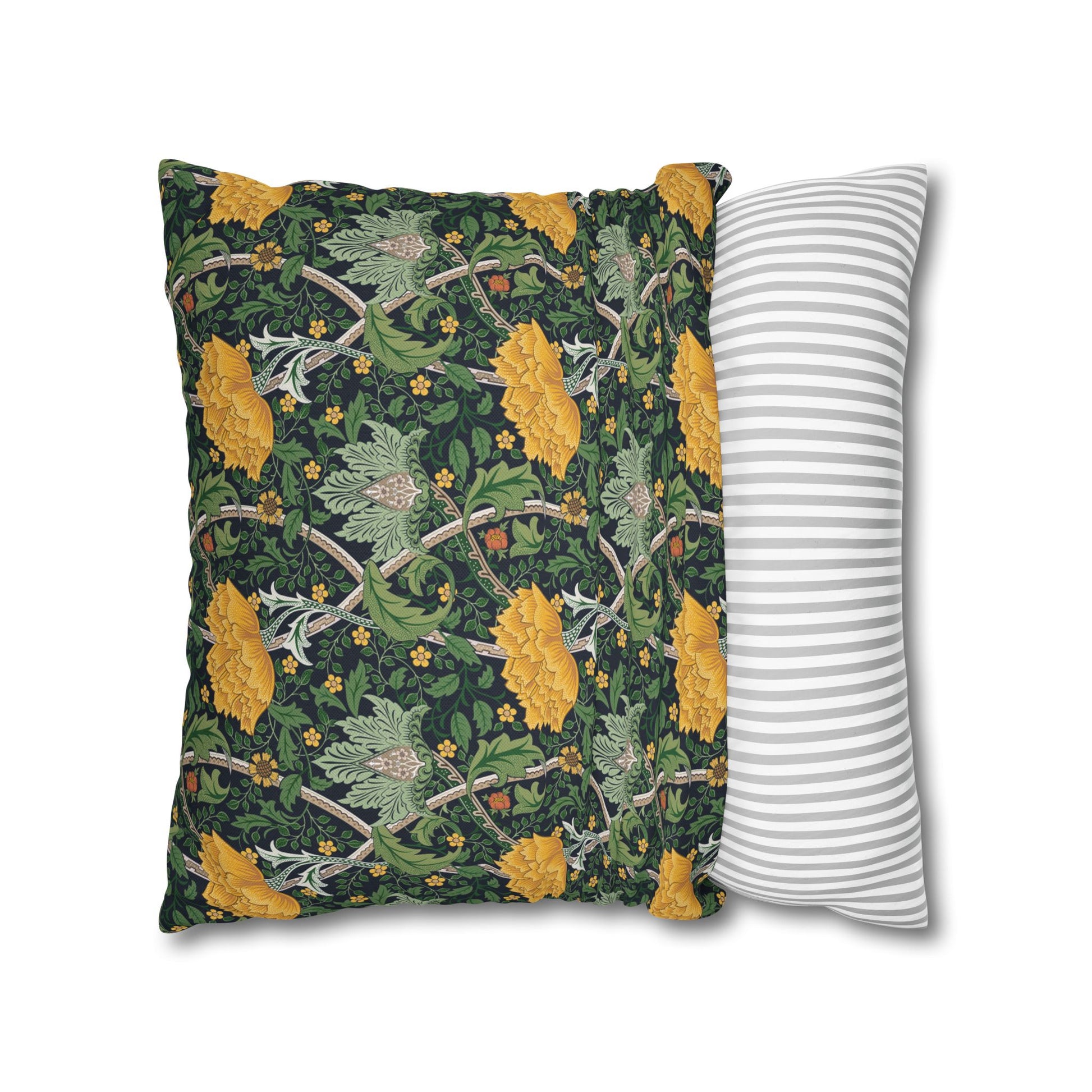 Two pillows, one with a floral pattern and the other with a striped pattern, on a white background.