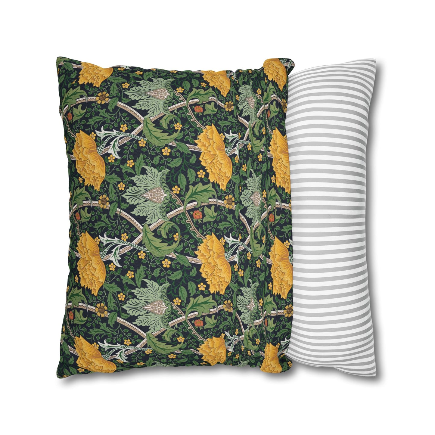 Two pillows, one with a floral pattern and the other with a striped pattern, on a white background.