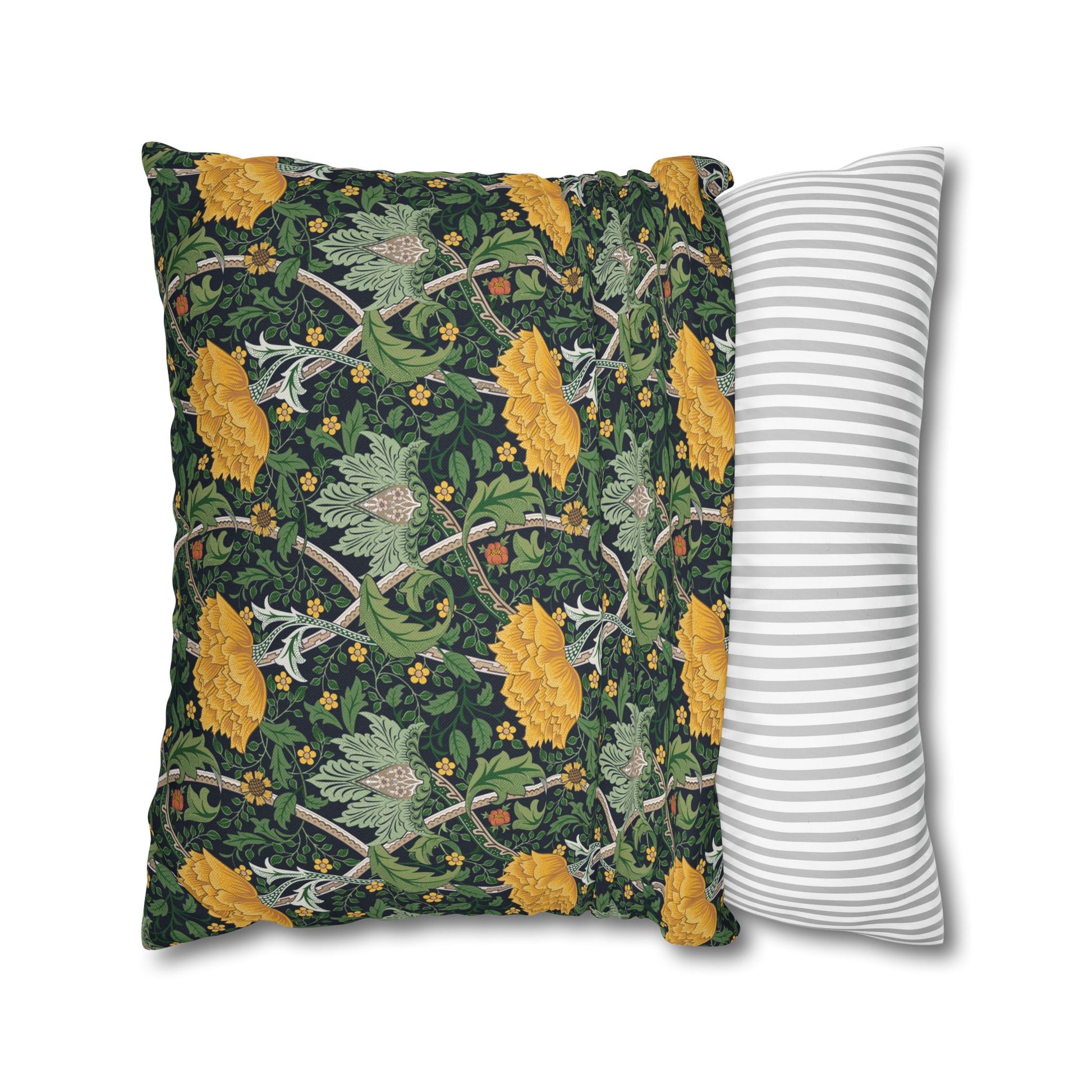 Two pillows, one with a floral pattern and one with a striped pattern, on a white background.