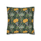 Decorative pillow with floral and vine pattern on a dark green background