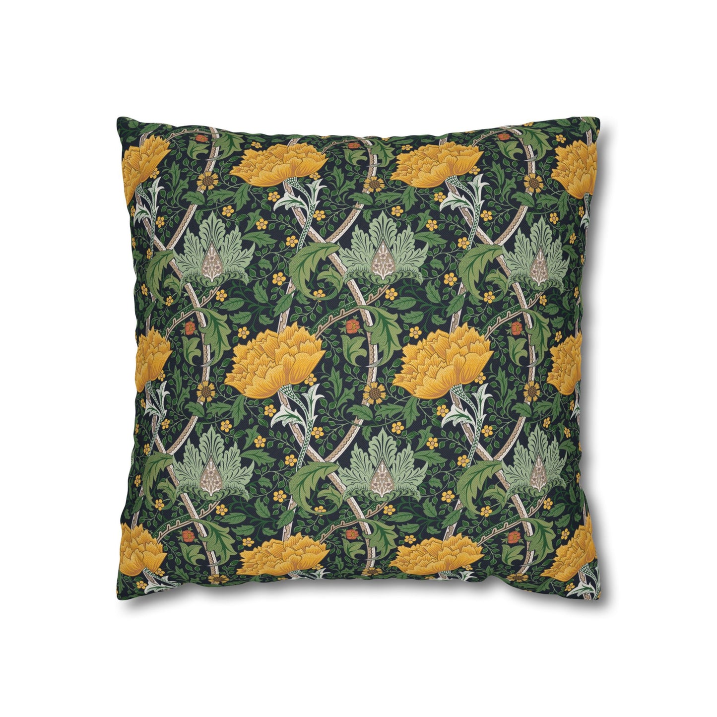 Decorative pillow with floral and vine pattern on a dark green background