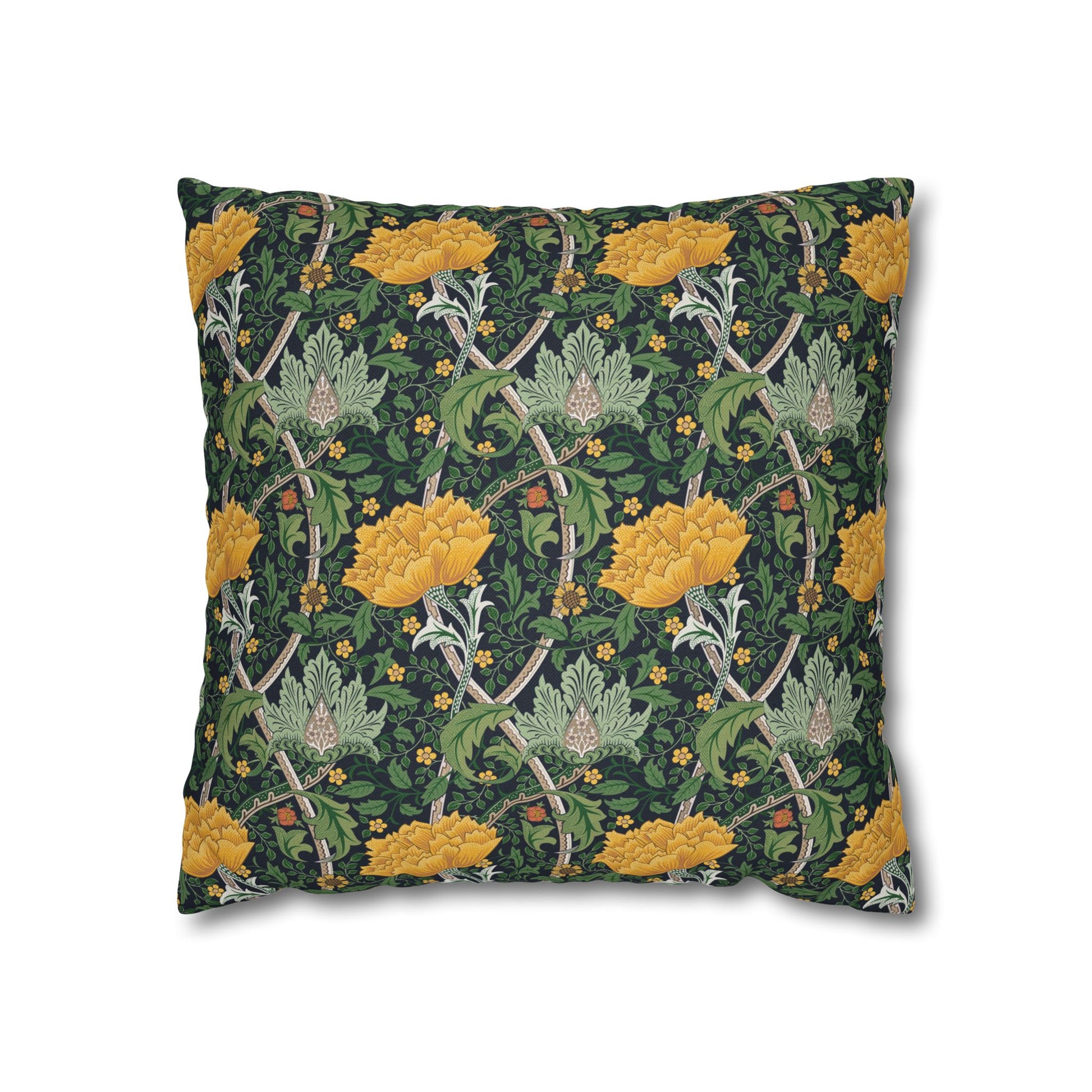 Decorative pillow with floral and vine pattern on a dark green background