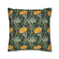 Decorative pillow with floral and vine pattern on a dark green background