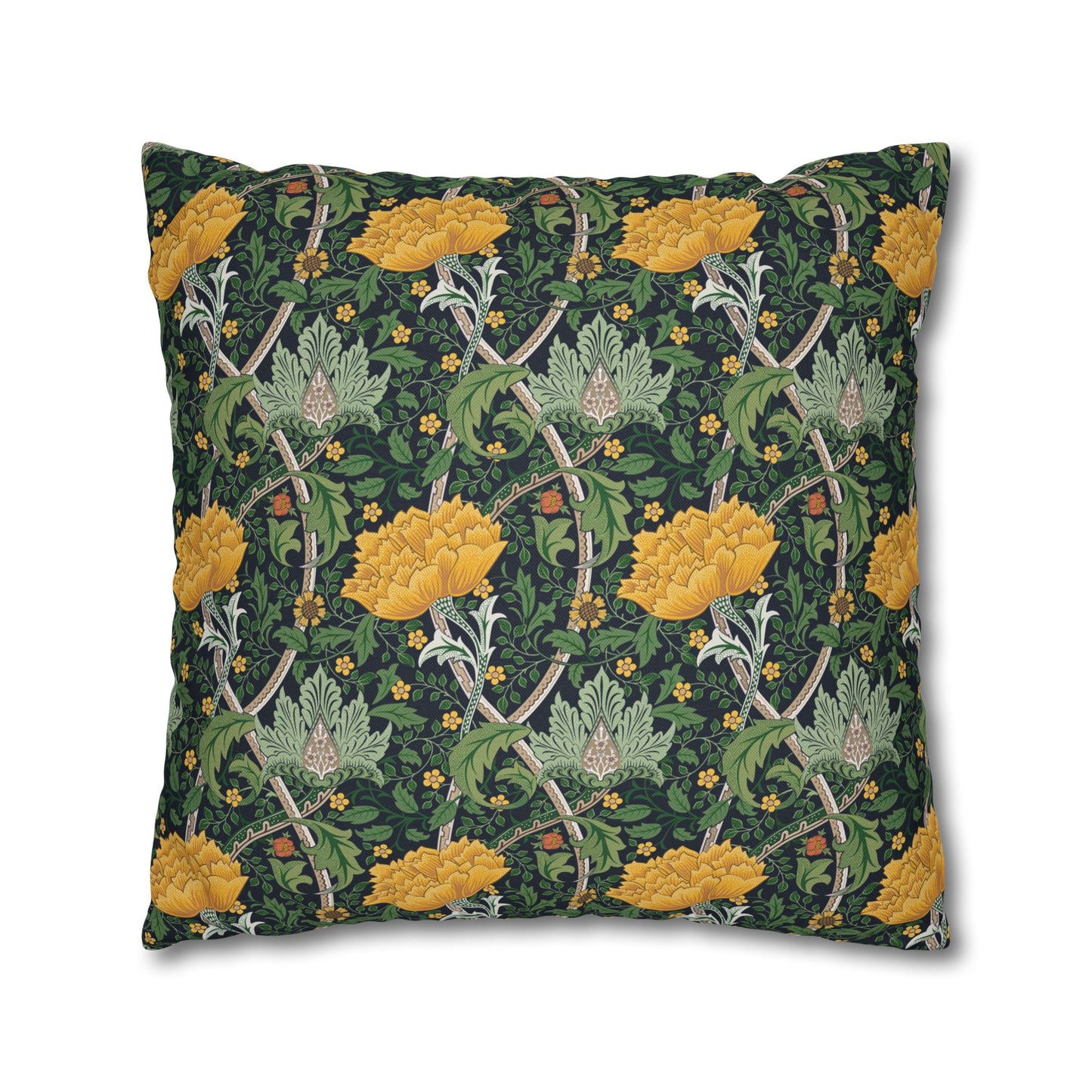 Decorative pillow with floral and vine pattern on a dark green background