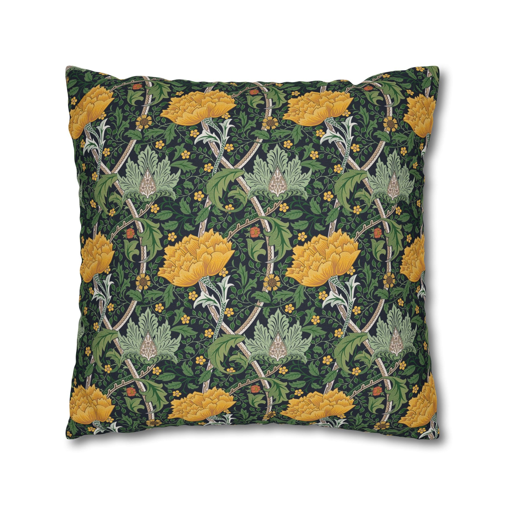 Decorative pillow with floral and vine pattern on a dark green background