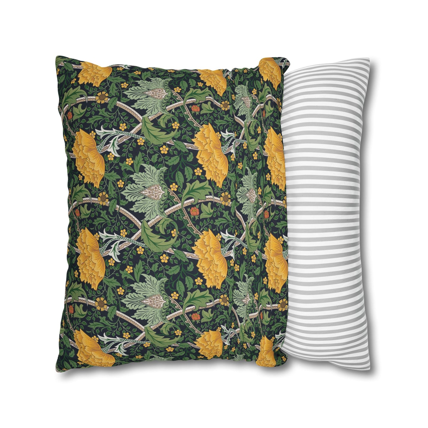 Two pillows, one with a floral pattern and one with a striped pattern, on a white background.