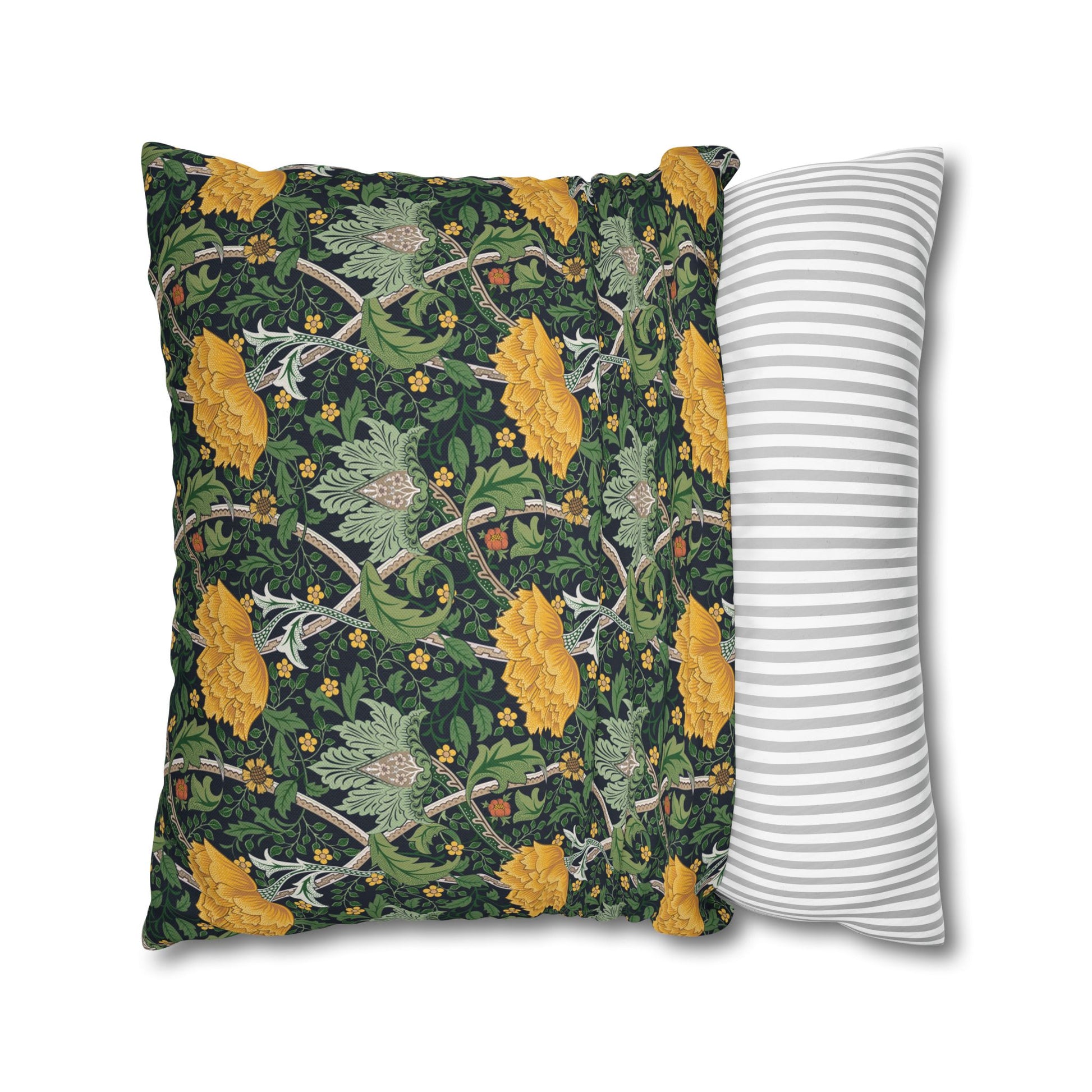 Two pillows, one with a floral pattern and one with a striped pattern, on a white background.