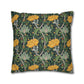 Decorative pillow with floral and vine pattern on a dark green background