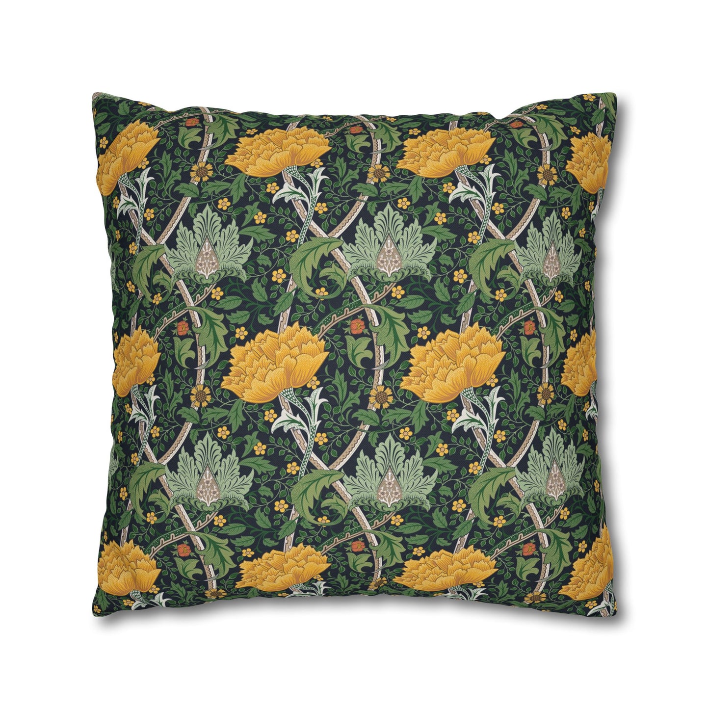 Decorative pillow with floral and vine pattern on a dark green background