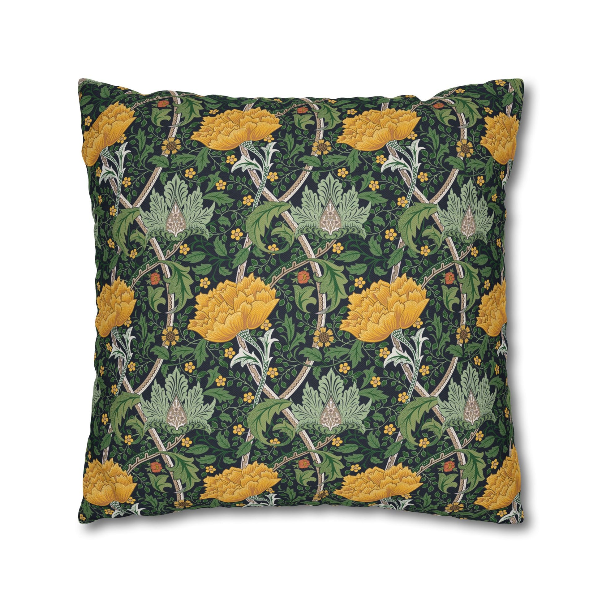 Decorative pillow with floral and vine pattern on a dark green background