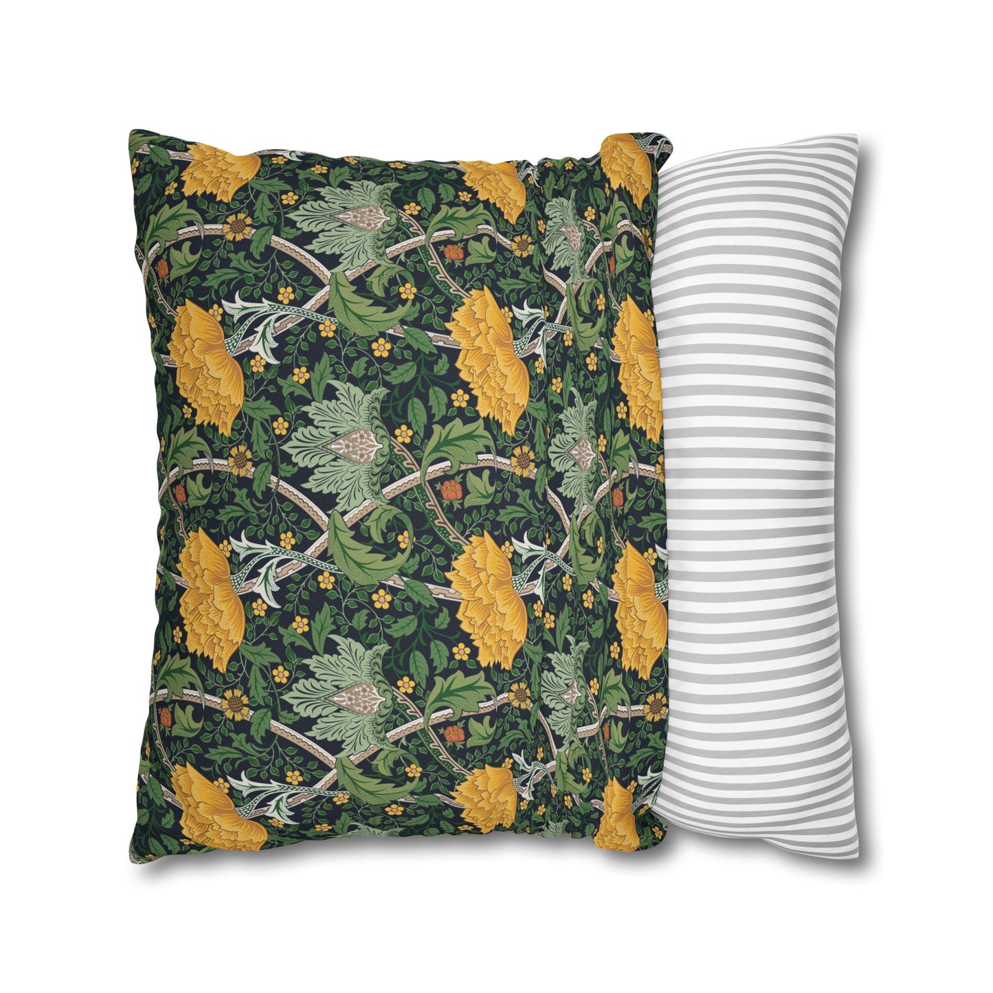 Two pillows, one with a floral pattern and one with a striped pattern, on a white background.