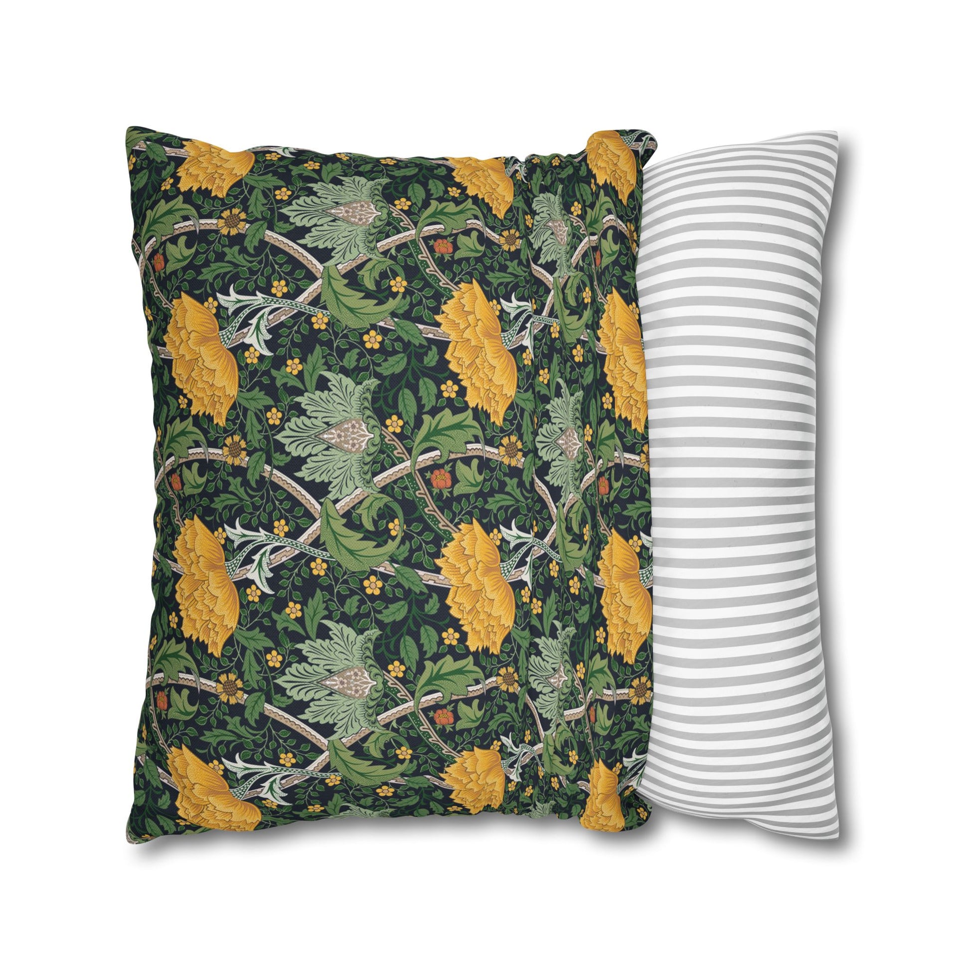Two pillows, one with a floral pattern and one with a striped pattern, on a white background.