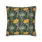 Decorative pillow with floral and horseshoe pattern on a dark green background