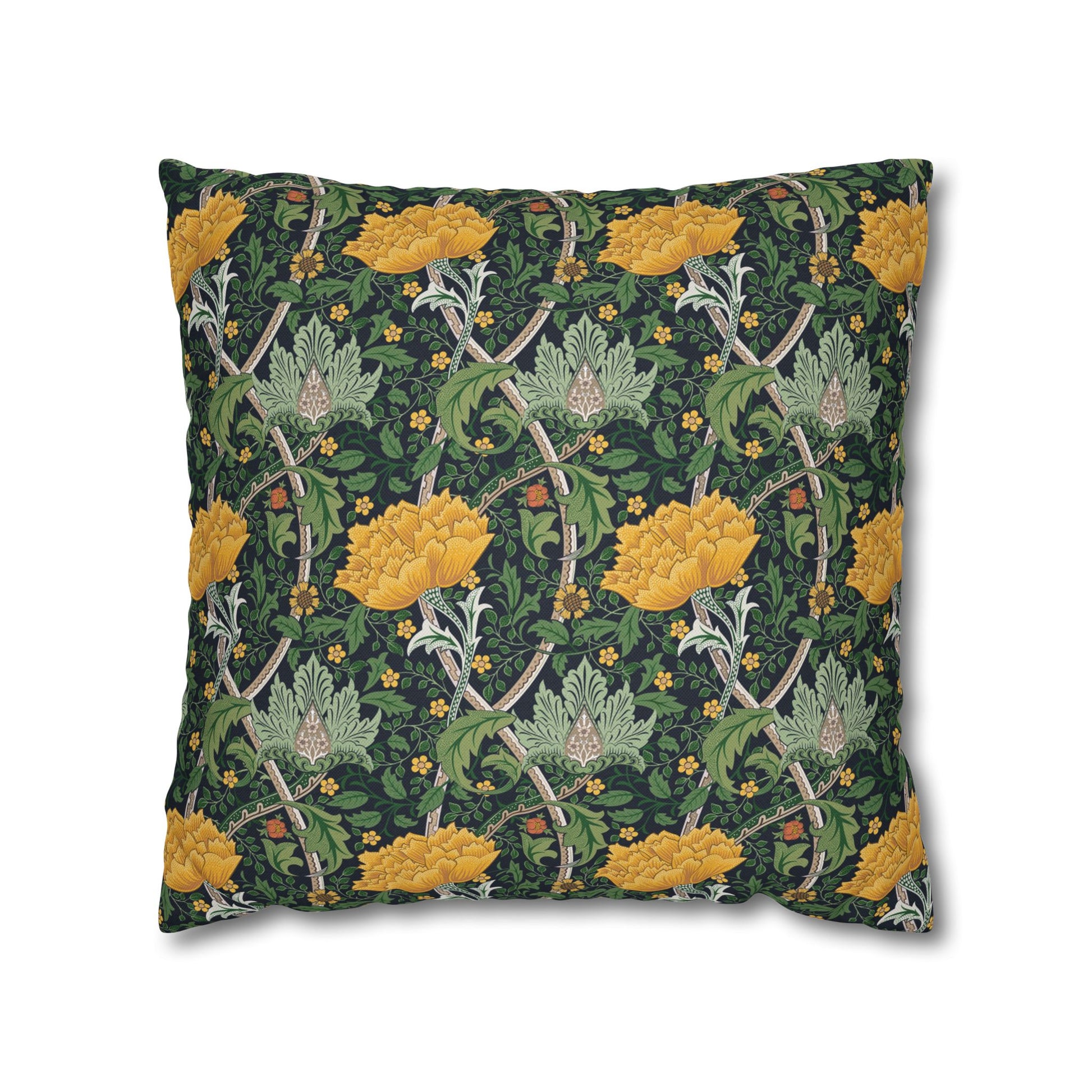 Decorative pillow with floral and horseshoe pattern on a dark green background