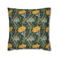 Decorative pillow with floral and horseshoe pattern on a dark green background