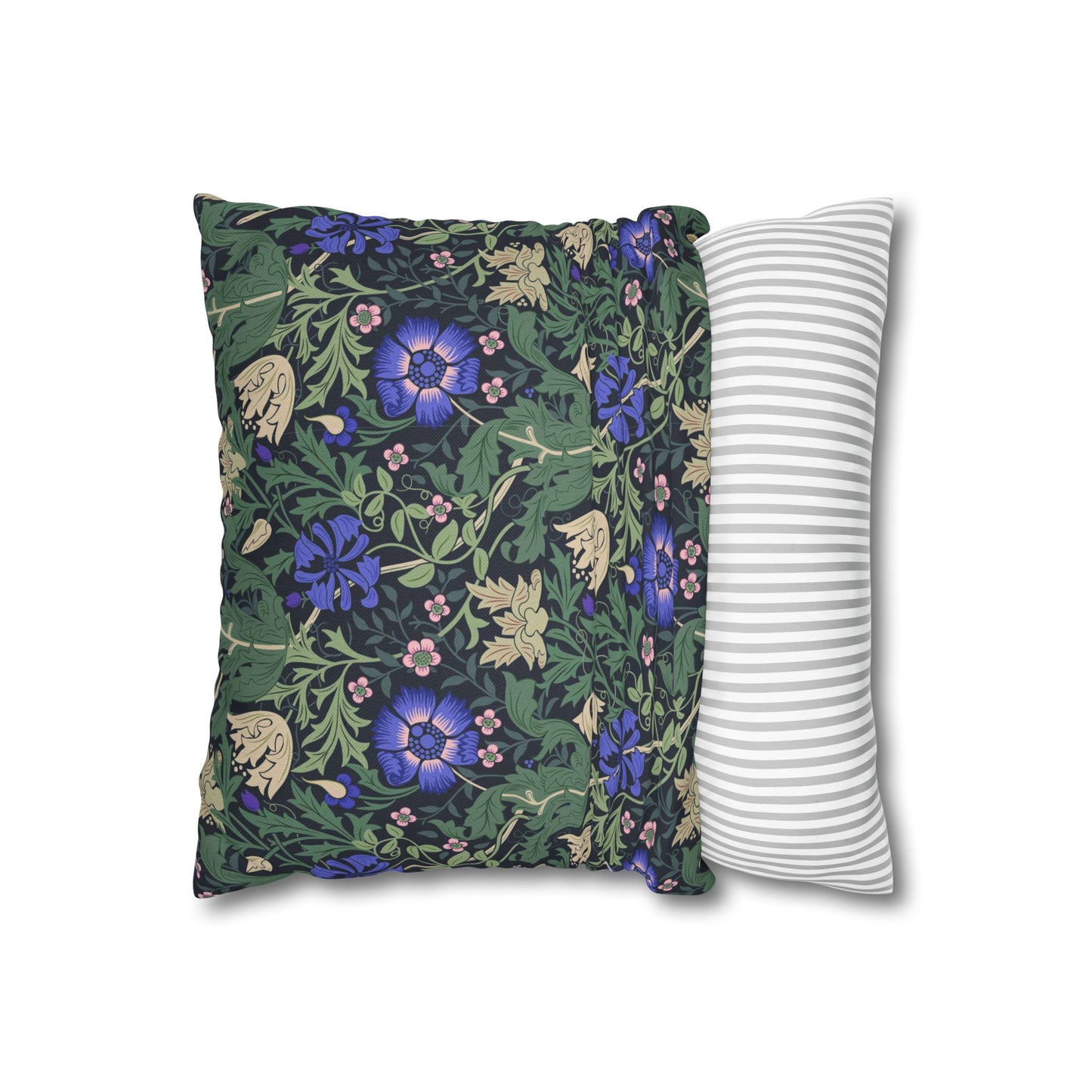Floral-patterned pillow and a striped pillow on a white background