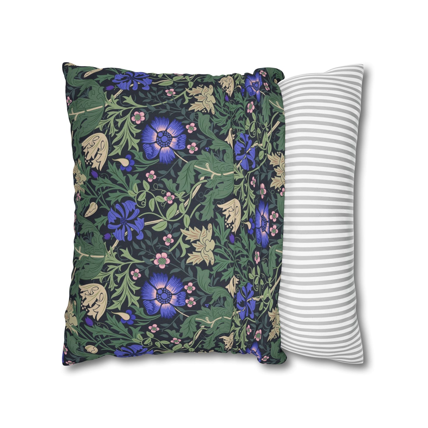 Two pillows, one with floral pattern and the other with striped pattern, on a white background.