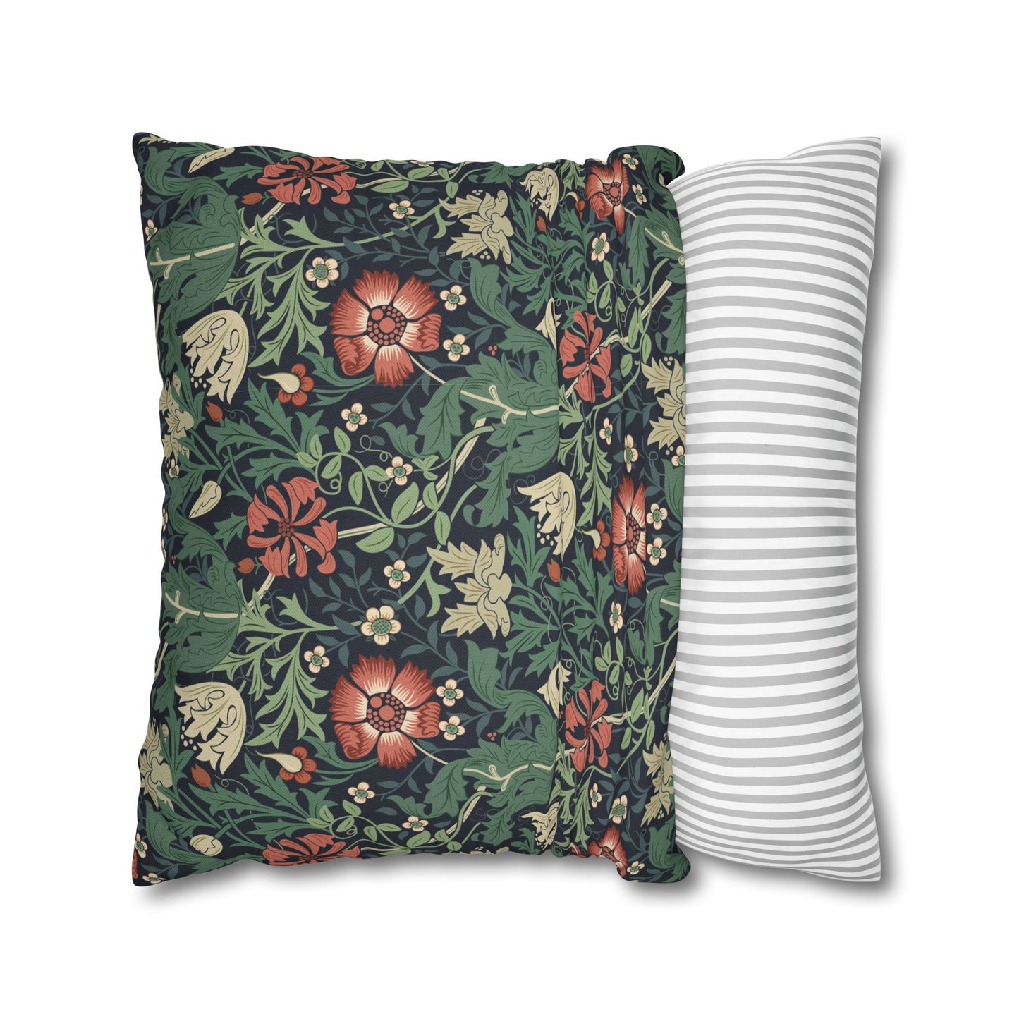 Floral-patterned pillow and a striped pillow on a white background