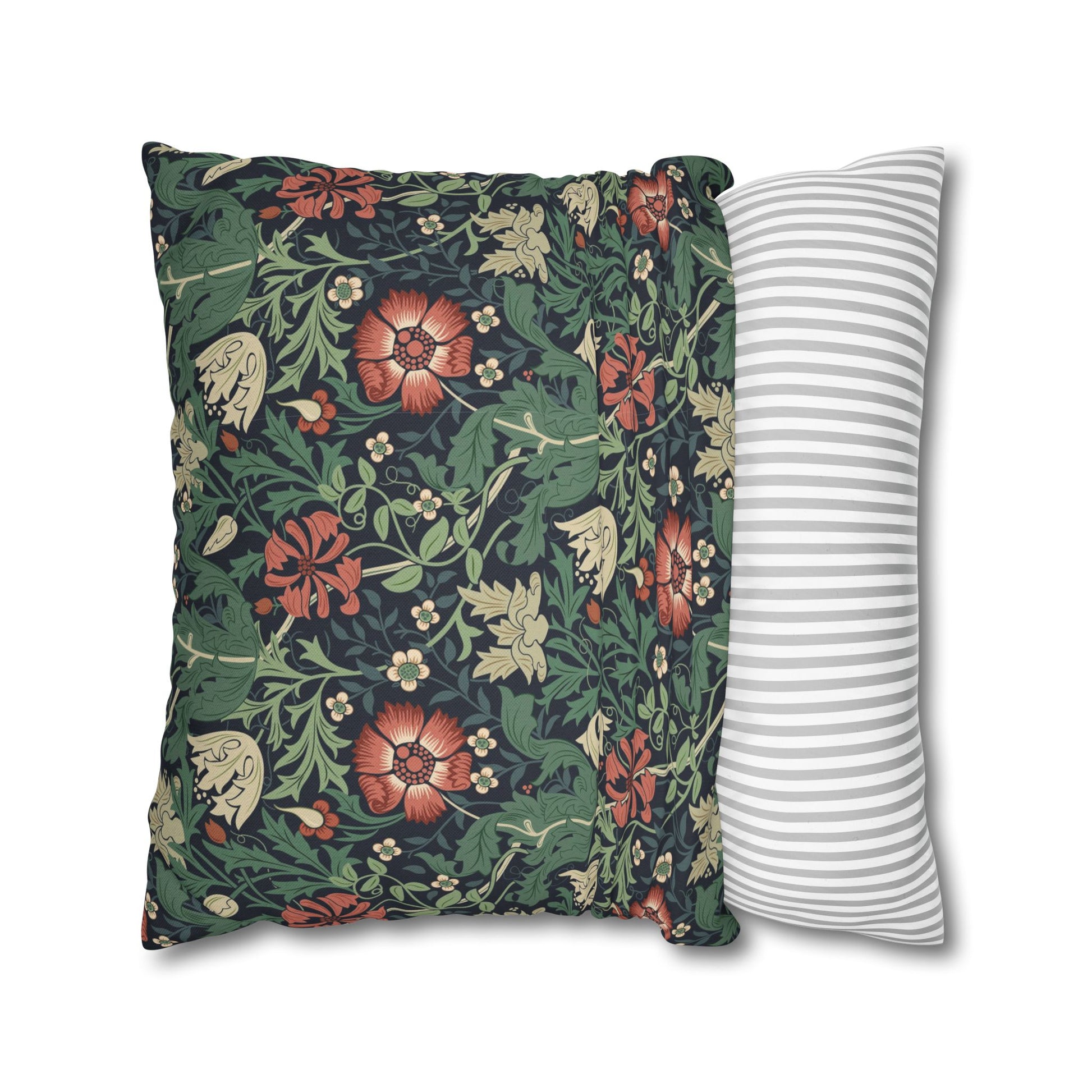 Floral-patterned pillow and a striped pillow on a white background