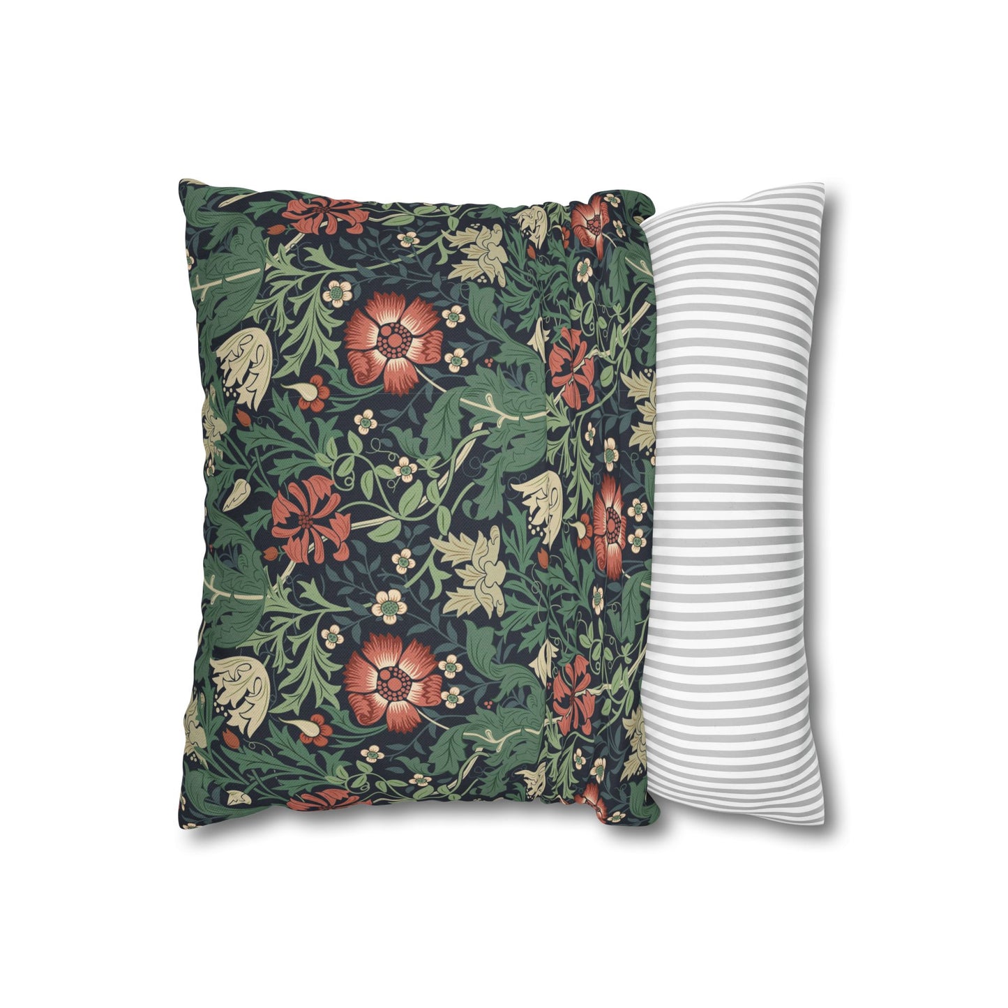 Floral-patterned pillow and a striped pillow on a white background
