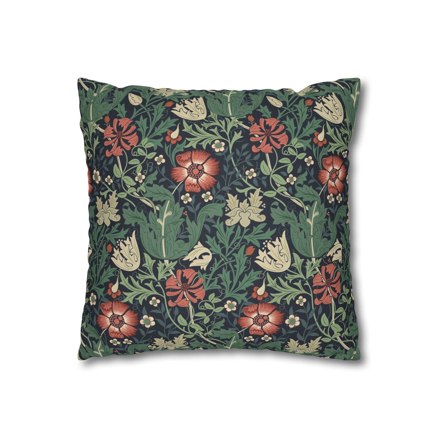 Floral patterned pillow with red, green, and beige colors on a white background