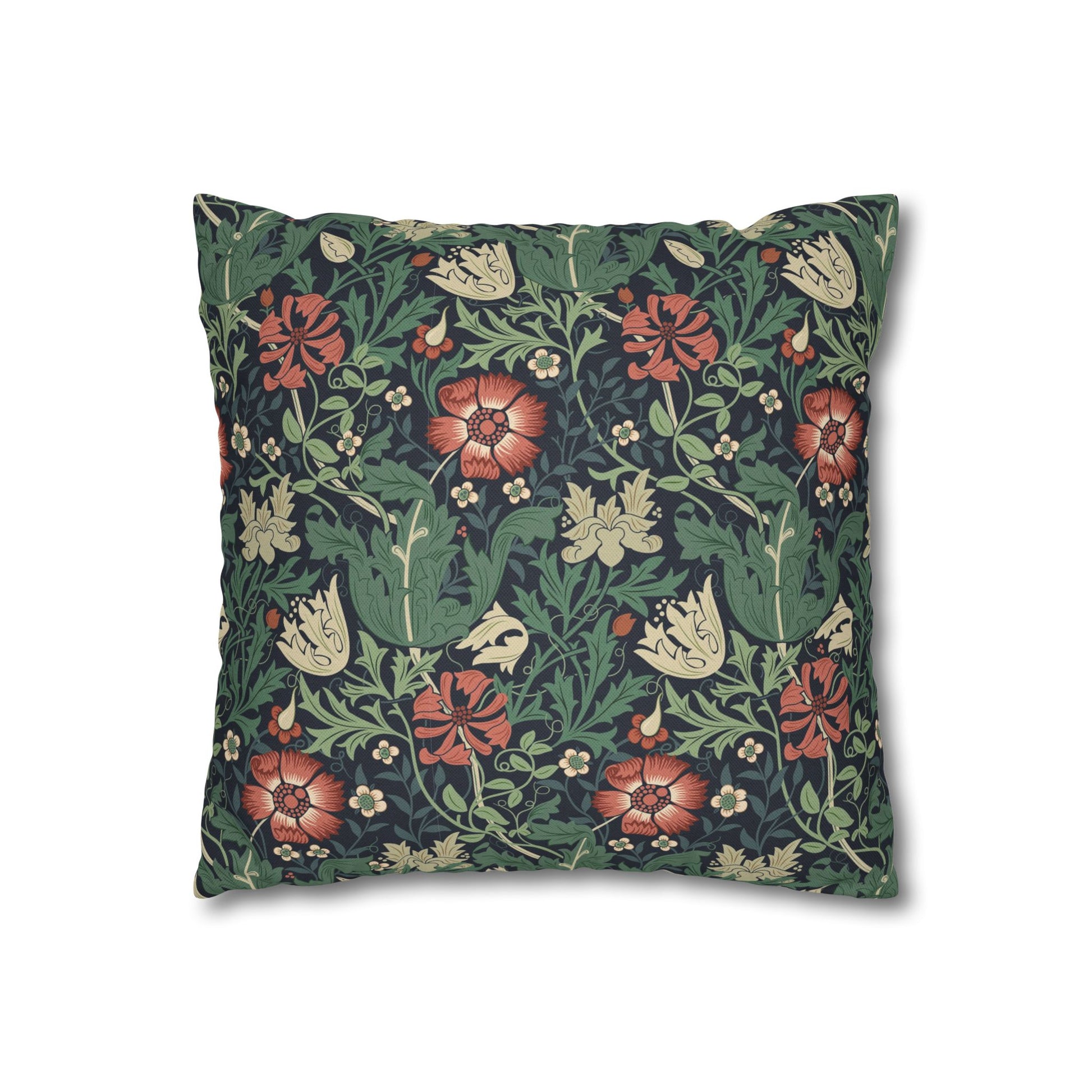 Floral patterned pillow with red, green, and beige colors on a white background