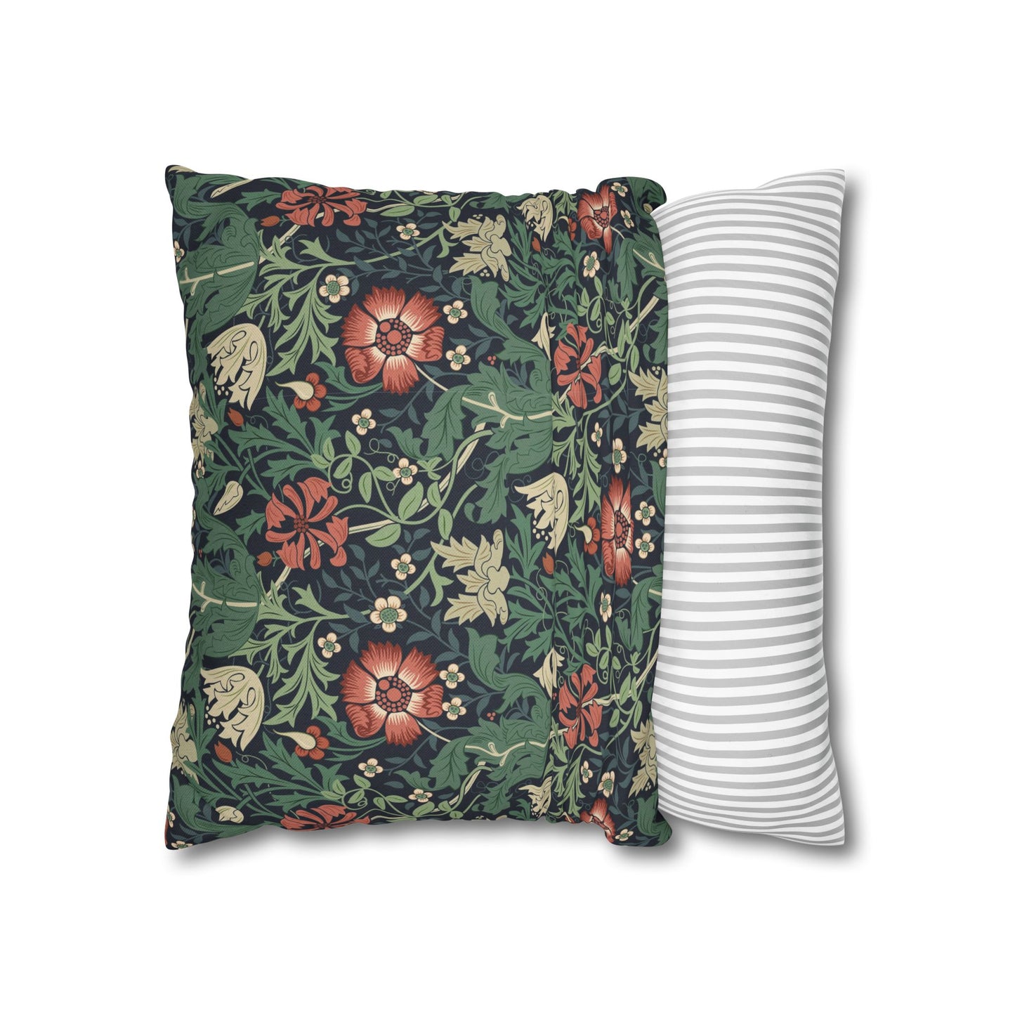 Floral-patterned pillow and a striped pillow on a white background