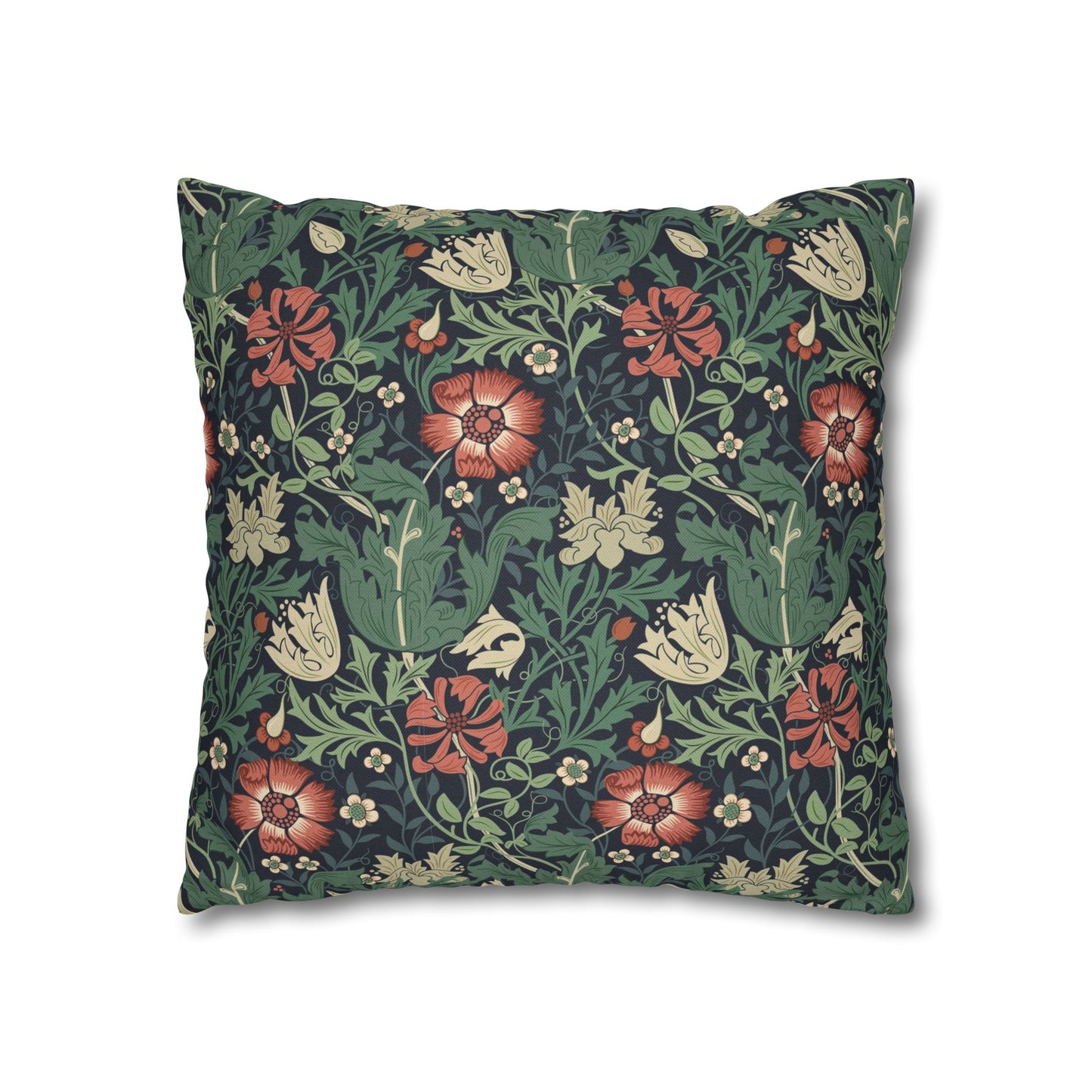 Floral patterned pillow with red, green, and beige colors on a white background