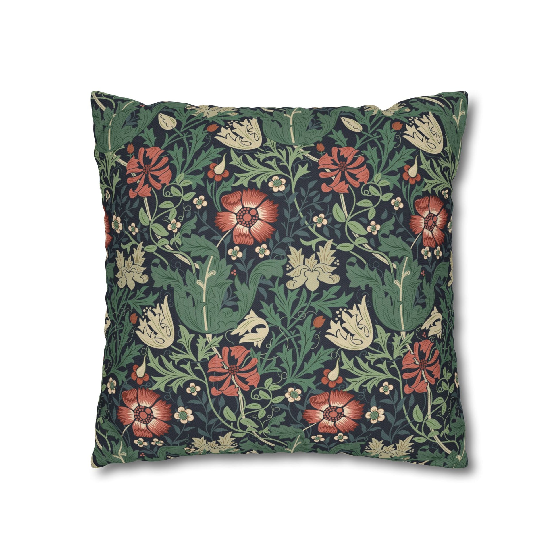 Floral patterned pillow with red, green, and beige colors on a white background