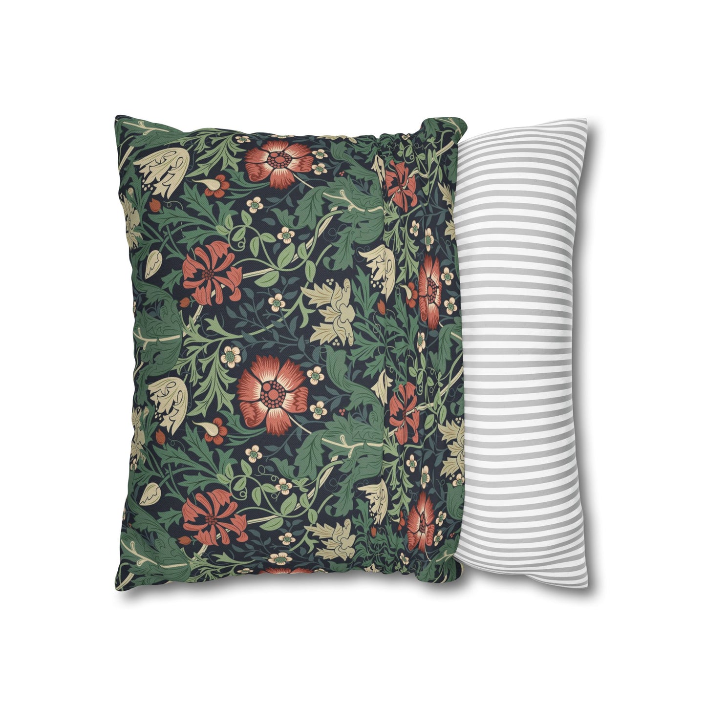 Floral-patterned pillow and a striped pillow on a white background