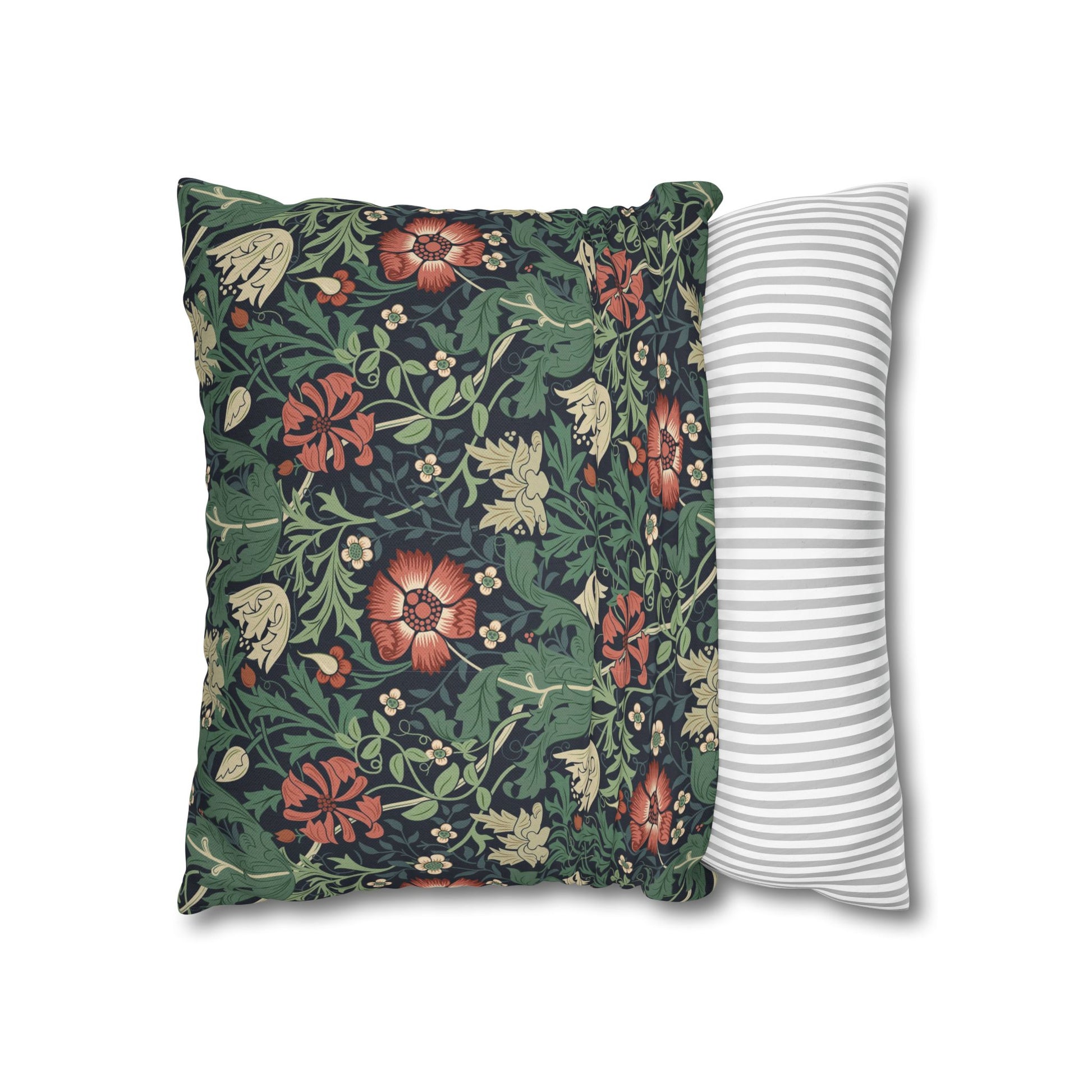 Floral-patterned pillow and a striped pillow on a white background