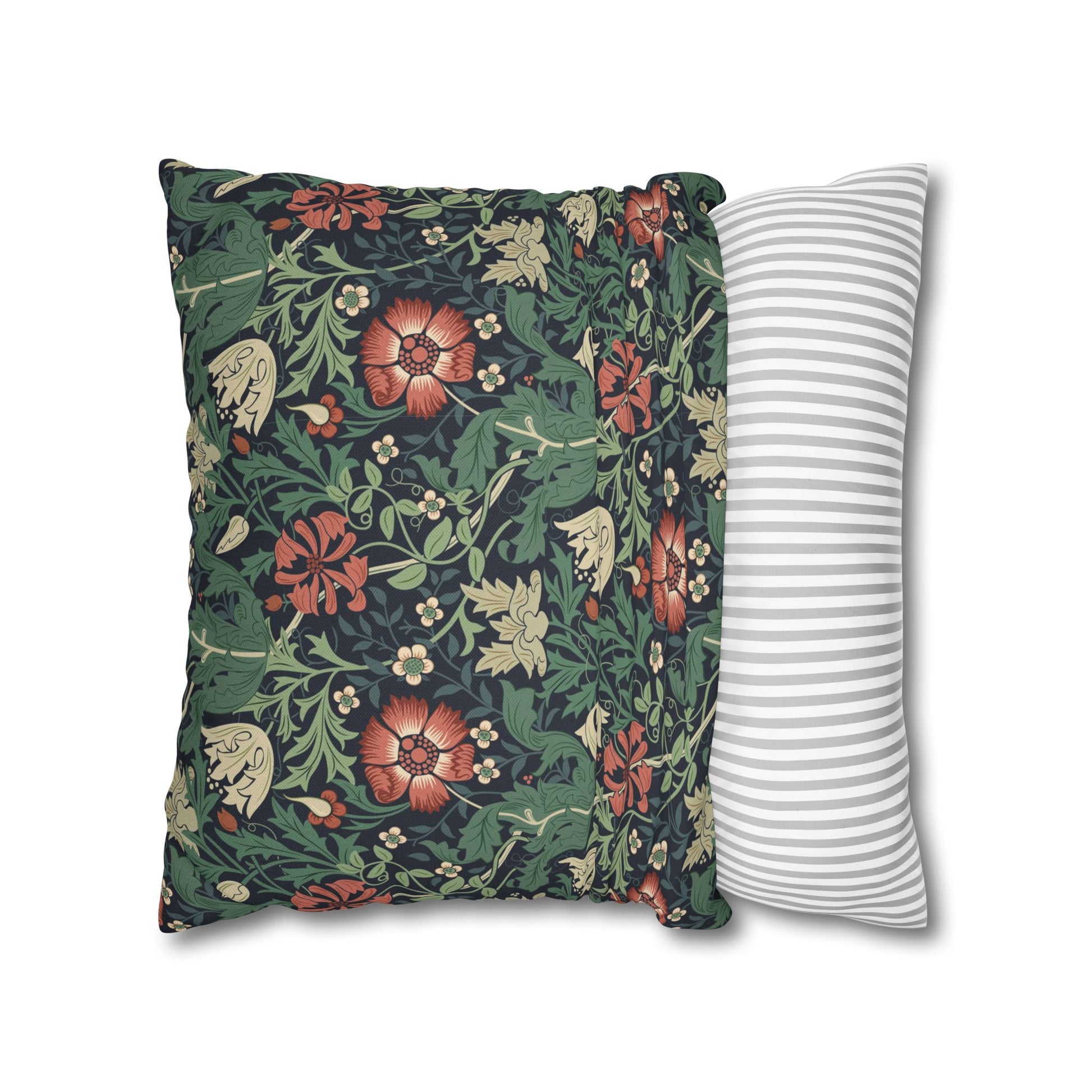 Floral-patterned pillow and a striped pillow on a white background