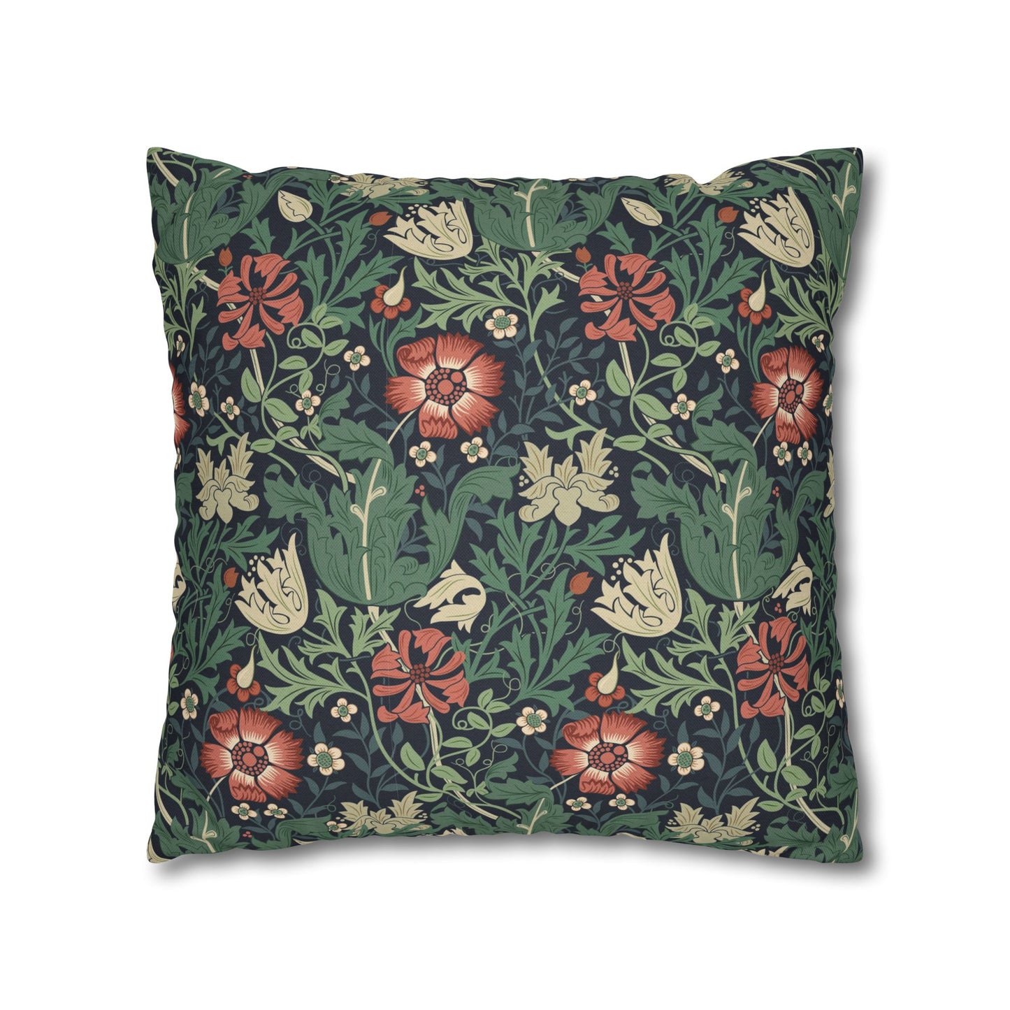 Floral patterned pillow with red, green, and beige colors on a white background