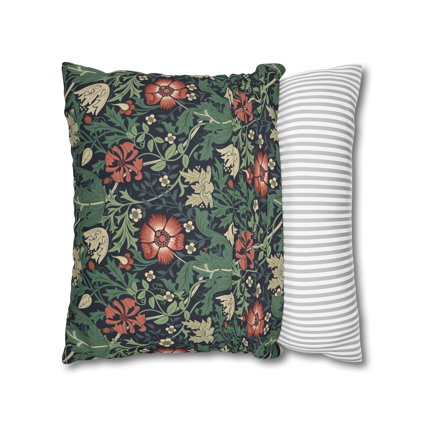 Floral-patterned pillow and a striped pillow on a white background
