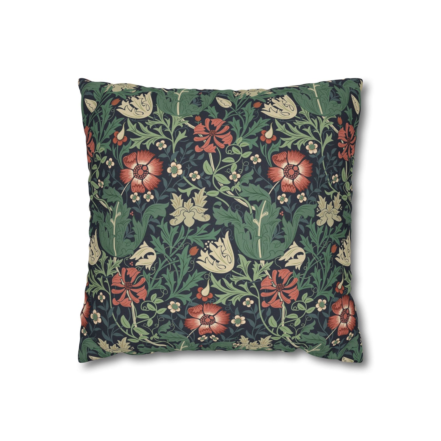 Floral patterned pillow with red, green, and beige colors on a white background