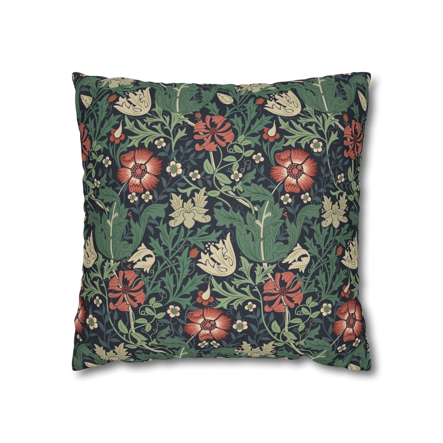 Floral patterned pillow with red, green, and beige colors on a white background
