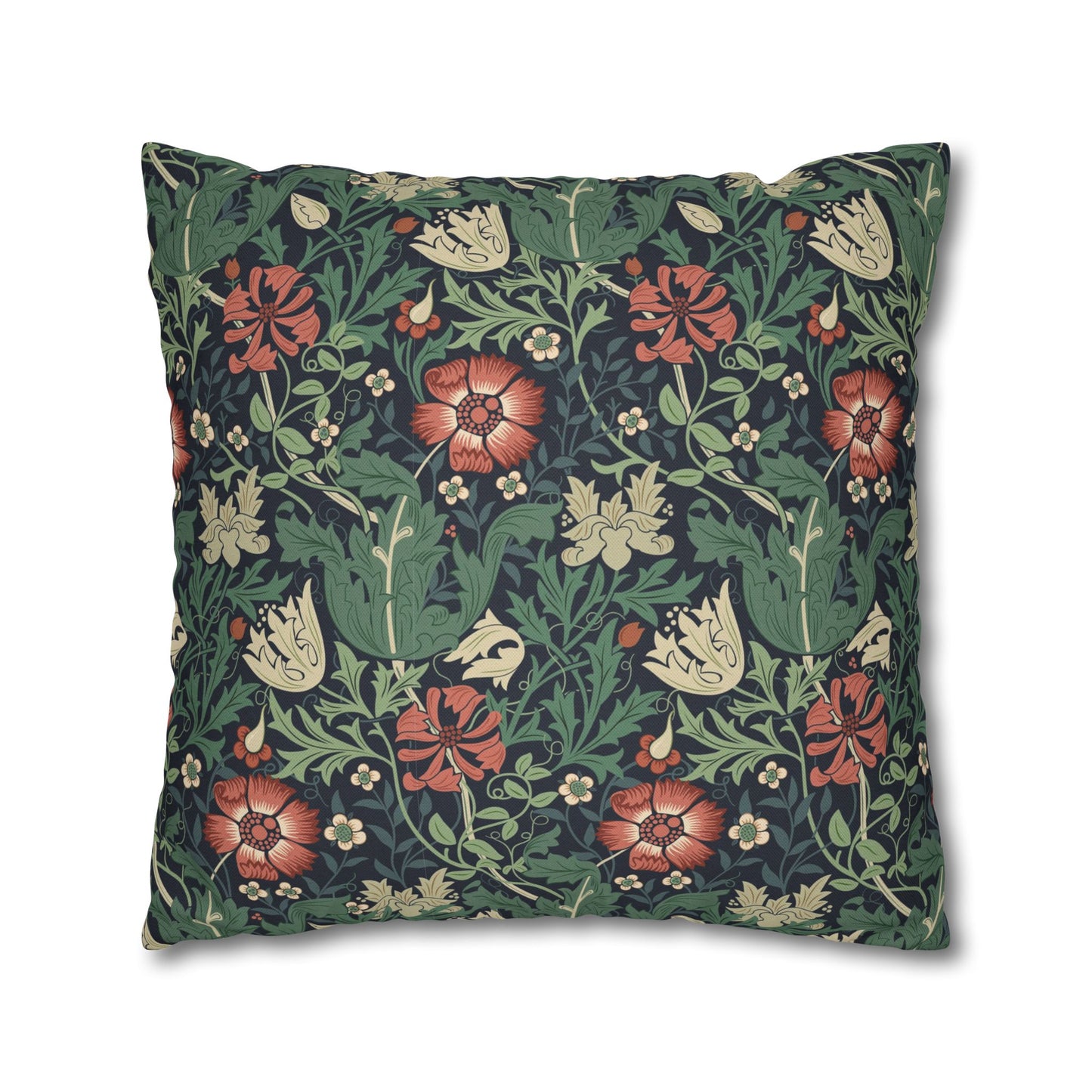 Floral patterned pillow with red, green, and beige flowers on a dark background