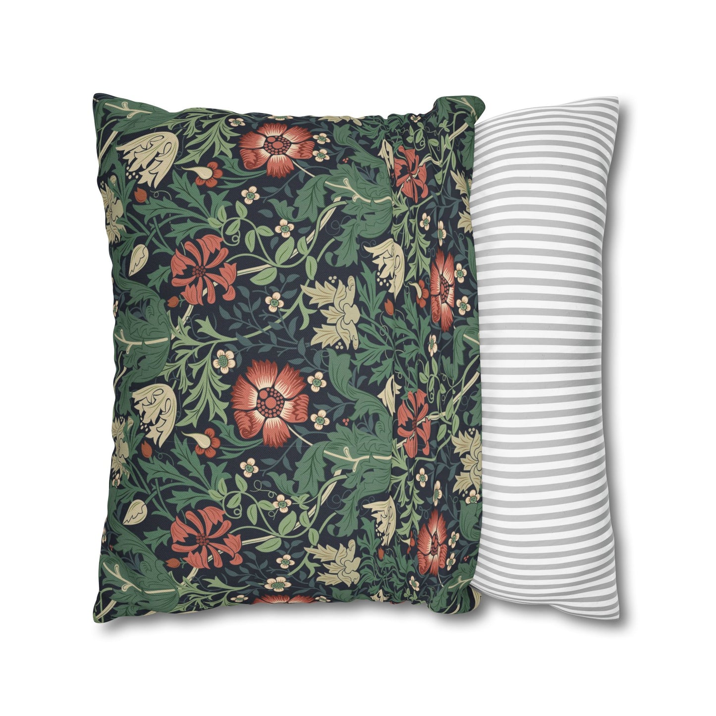 Two pillows, one with floral pattern and one with stripes, on a white background
