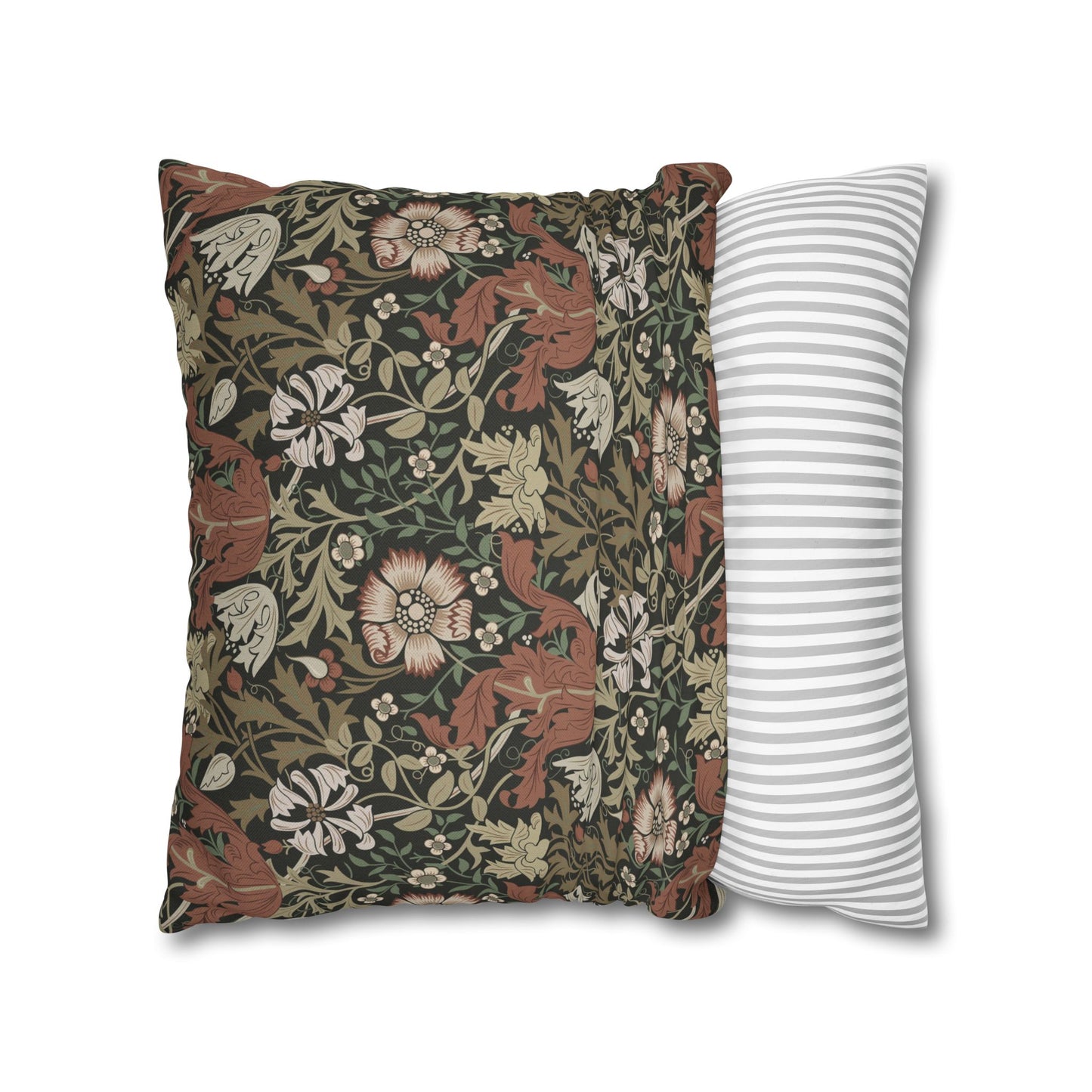Two pillows, one with floral pattern and the other with stripes, on a white background.