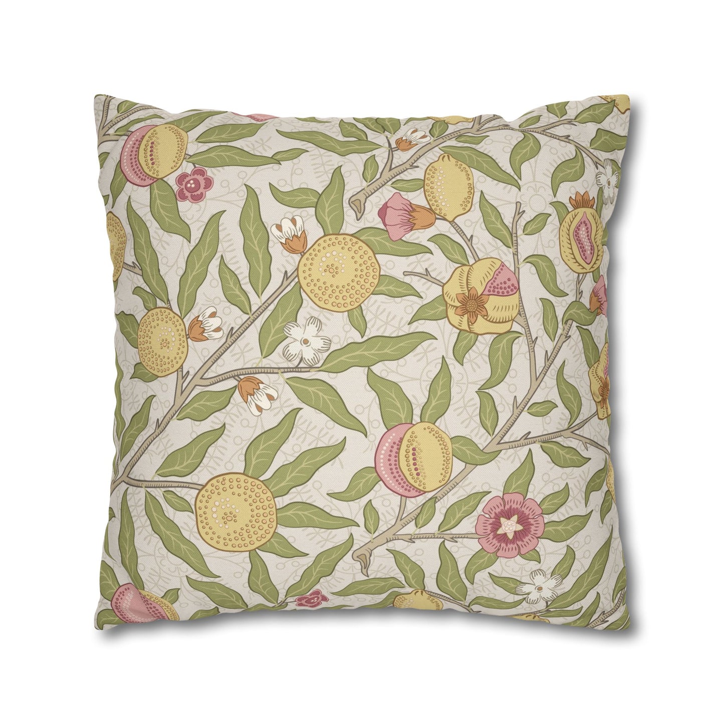 Decorative pillow with floral and fruit pattern on a beige background