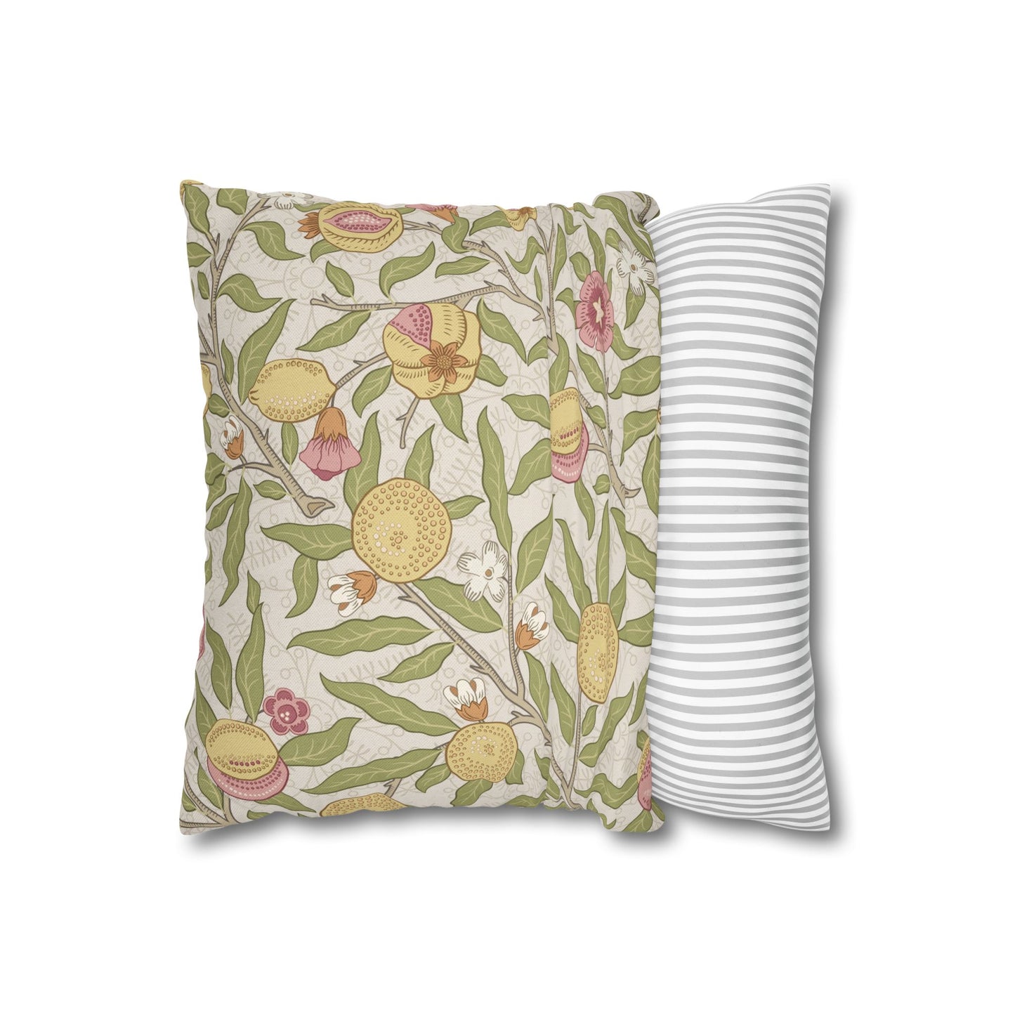 Floral-patterned pillow next to a striped pillow on a white background