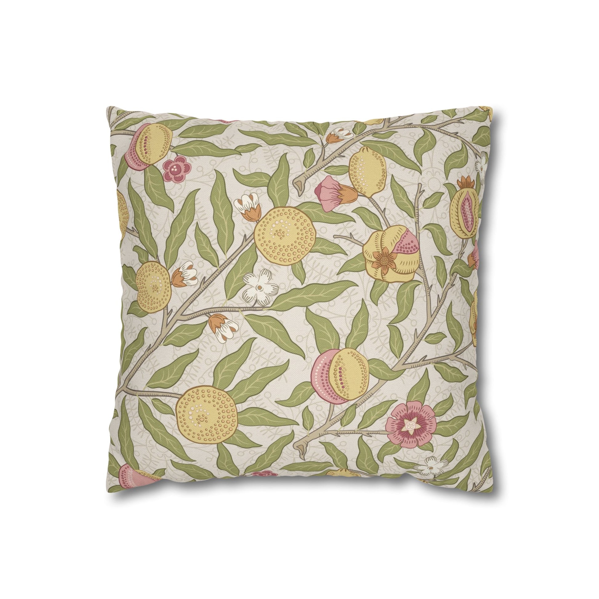 Decorative pillow with floral and fruit pattern on a white background